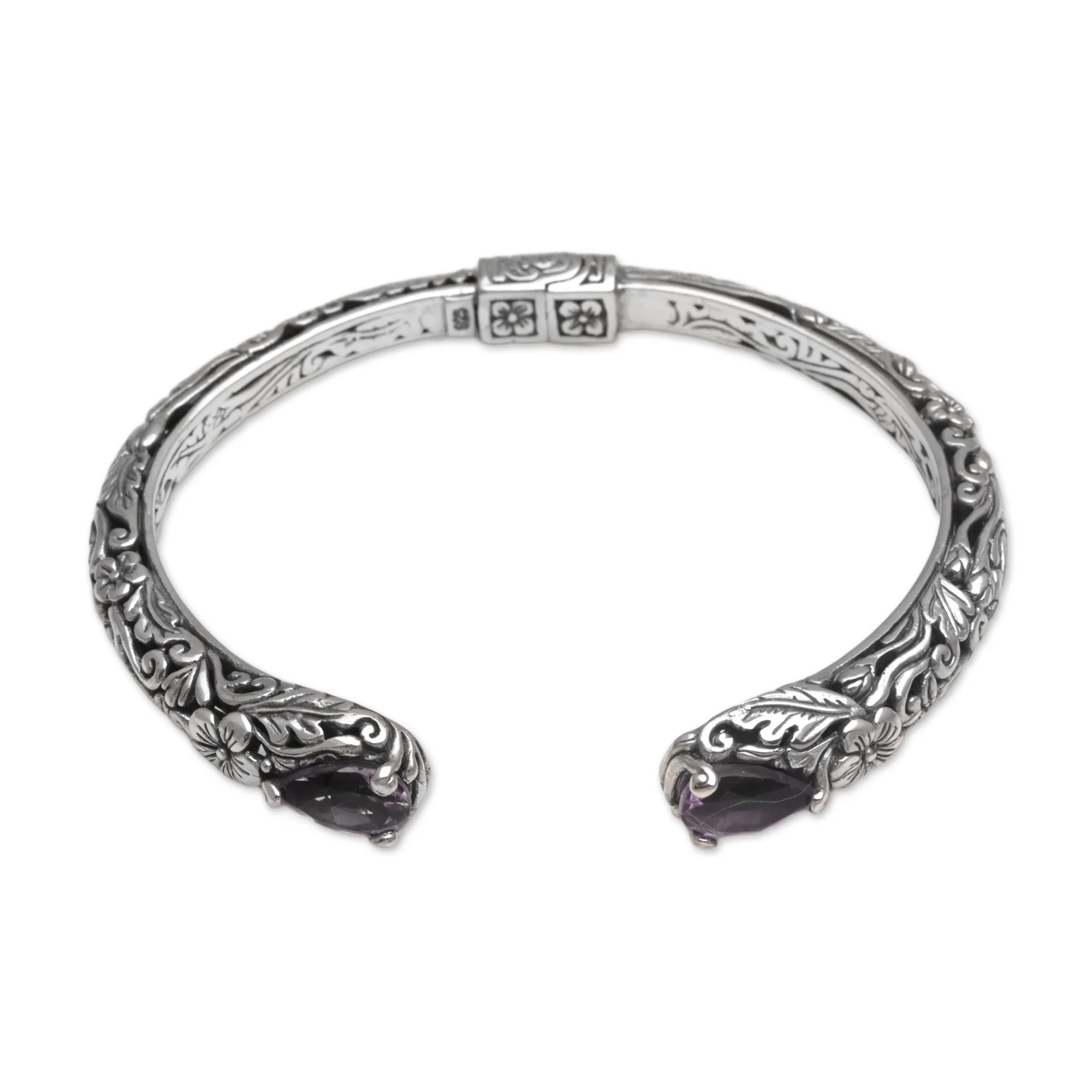 Transcendent Forest Floral Amethyst and Silver Cuff Bracelet from Bali - Image 5