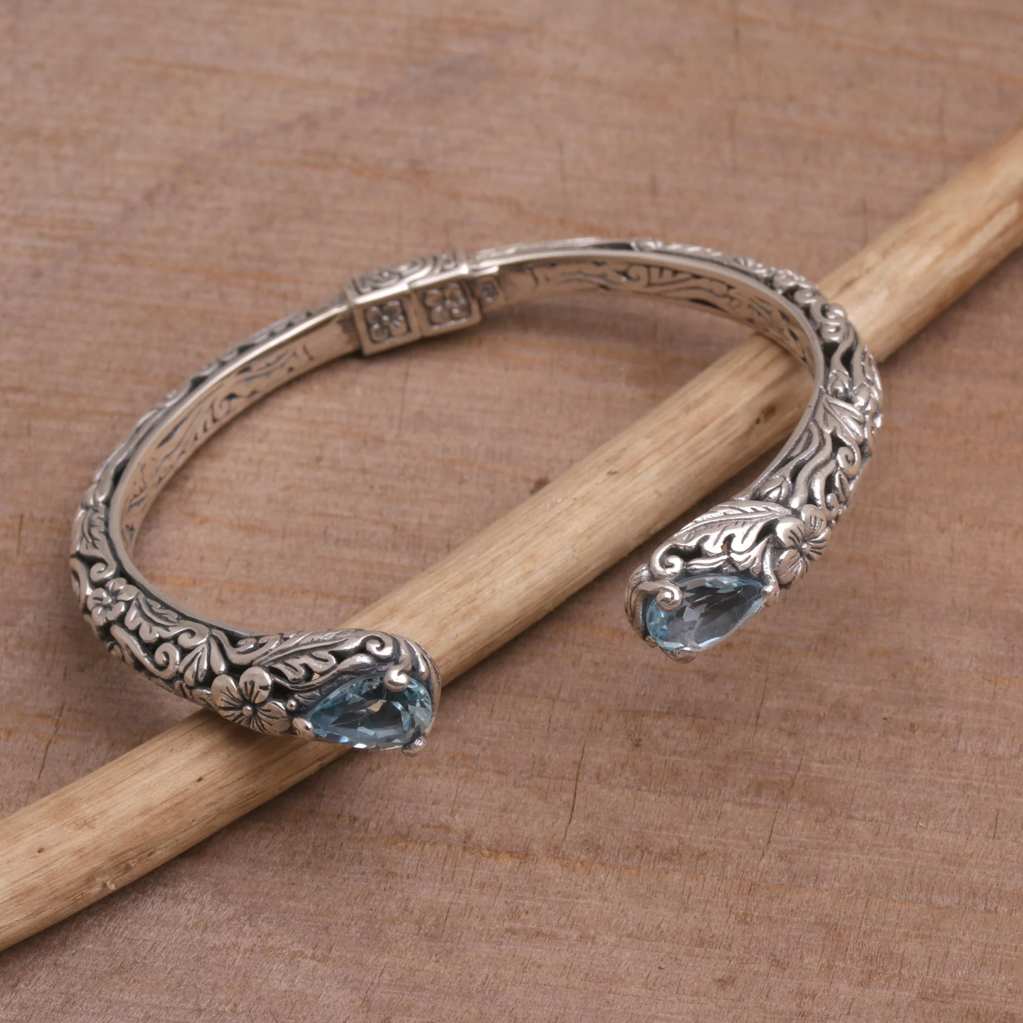 Transcendent Forest Floral Blue Topaz and Silver Cuff Bracelet from Bali - Image 3