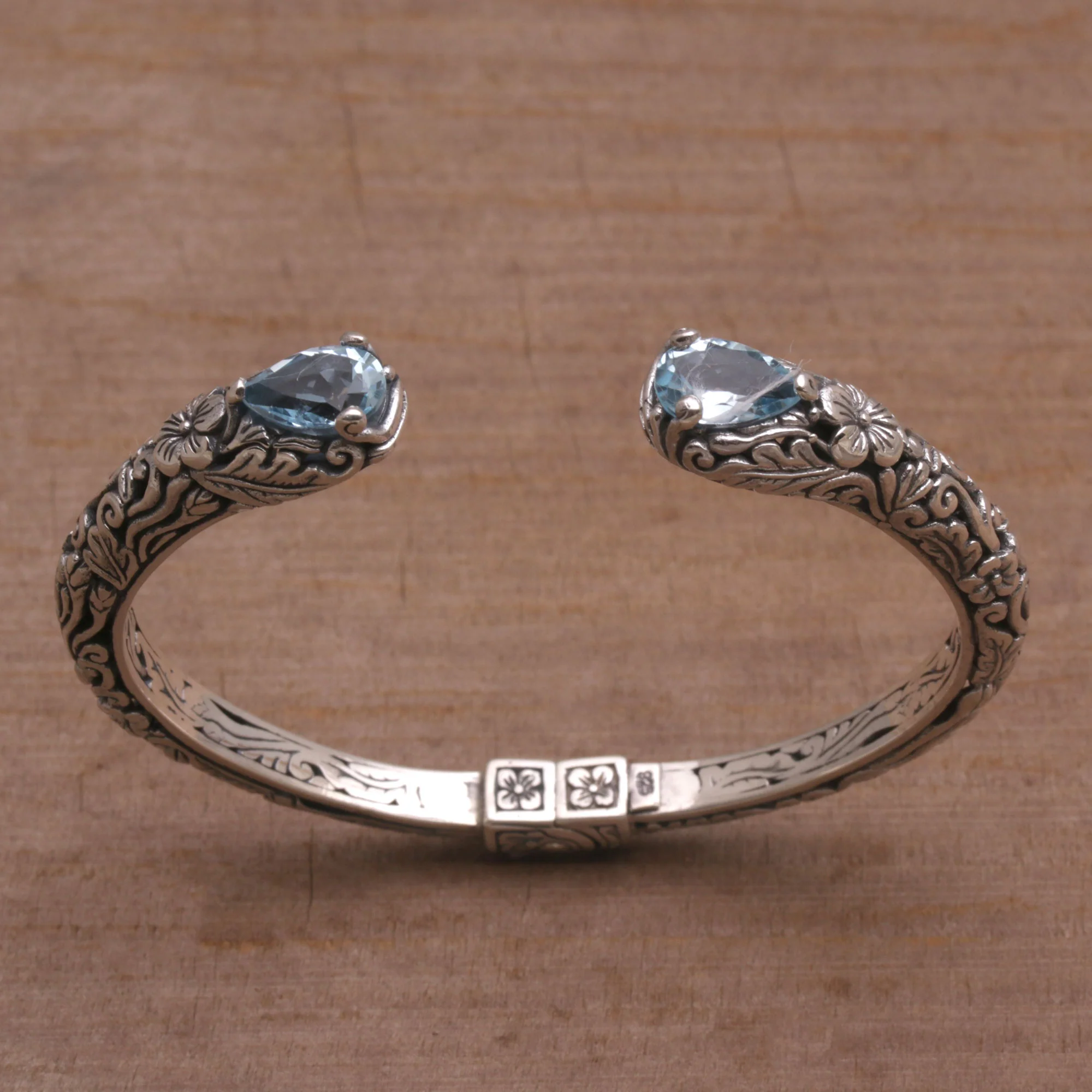 Transcendent Forest Floral Blue Topaz and Silver Cuff Bracelet from Bali - Image 4