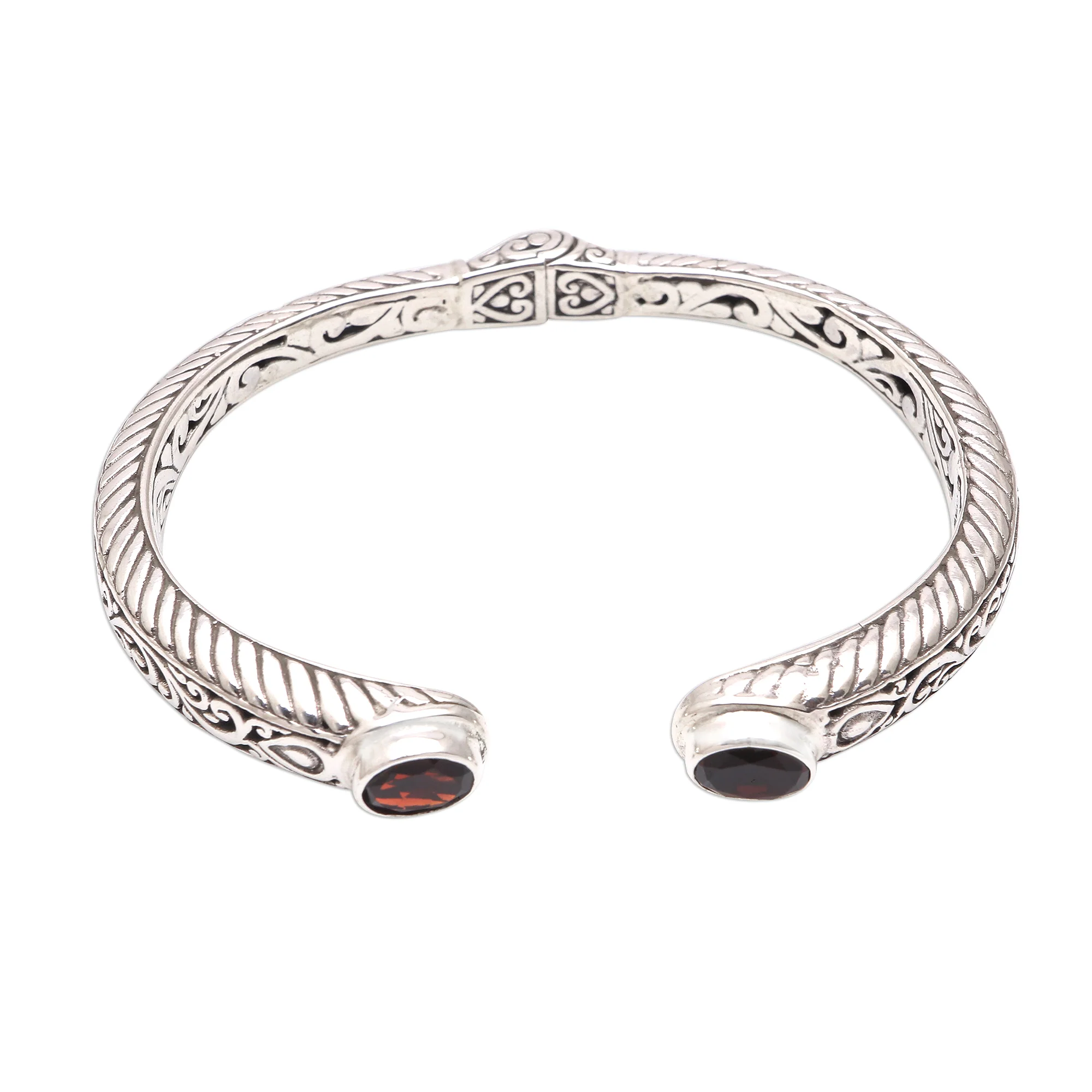 Treasure Trove Garnet Sterling Silver Scroll and Rope Motif Cuff Bracelet - Image 2