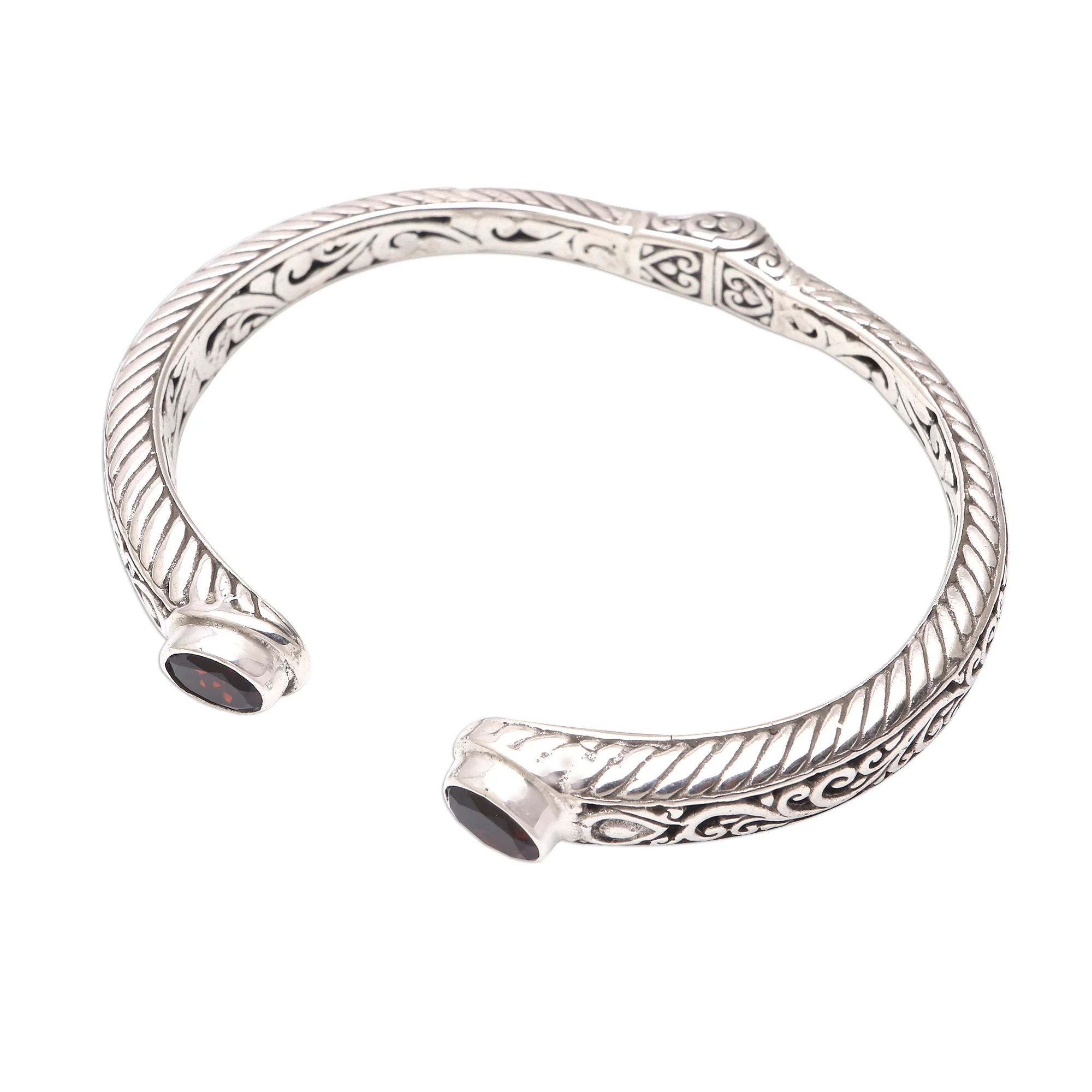 Treasure Trove Garnet Sterling Silver Scroll and Rope Motif Cuff Bracelet - Image 3