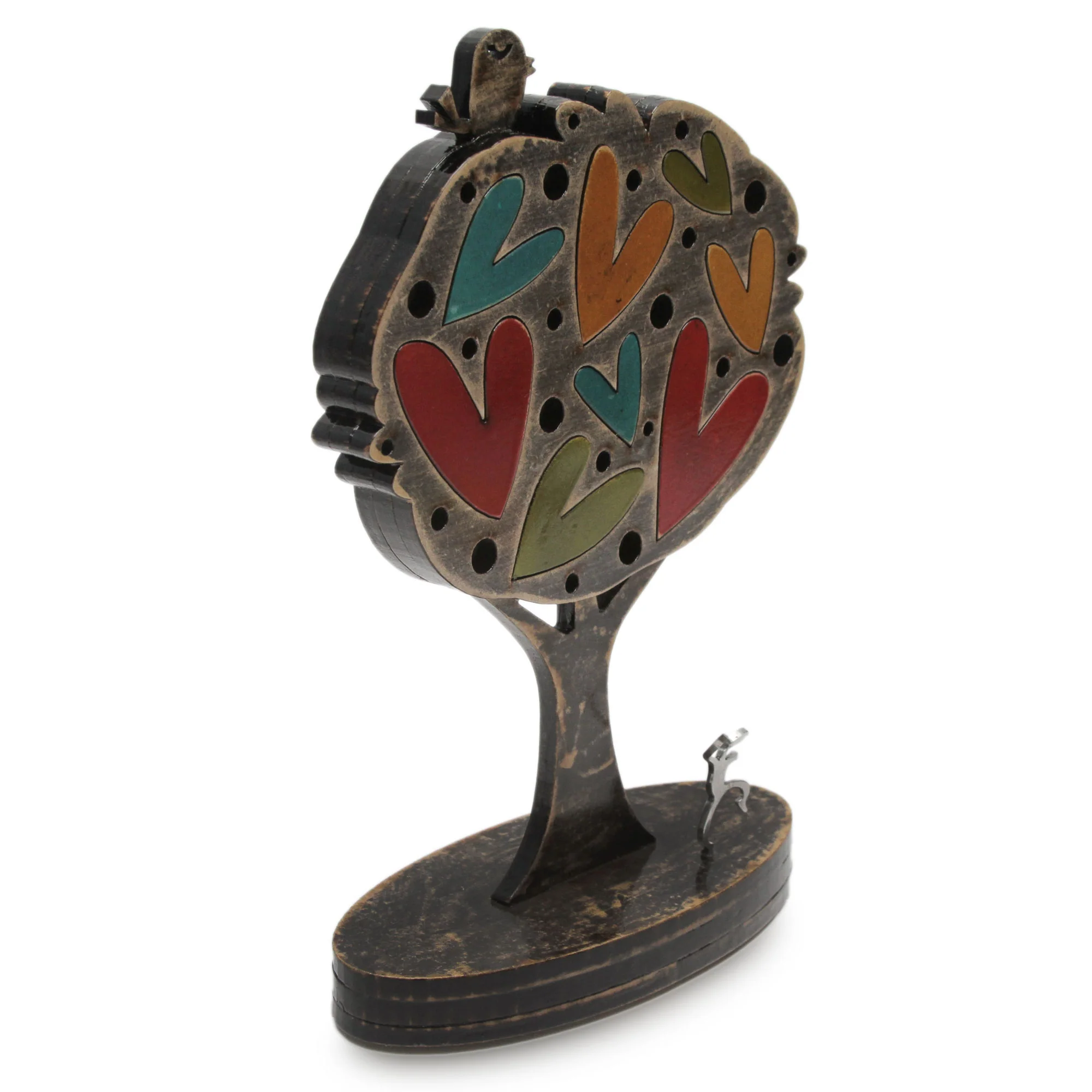 Tree of Love Colorful Peruvian Tree Sculpture with Hearts and Bird - Image 3