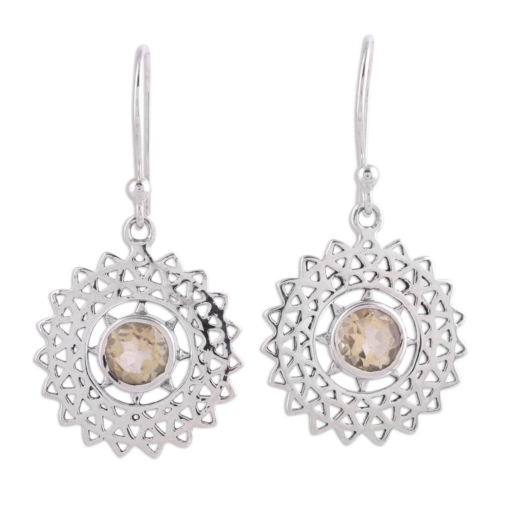 Triangular Sun Rays Citrine and Silver Triangle Motif Dangle Earrings from India - Image 2