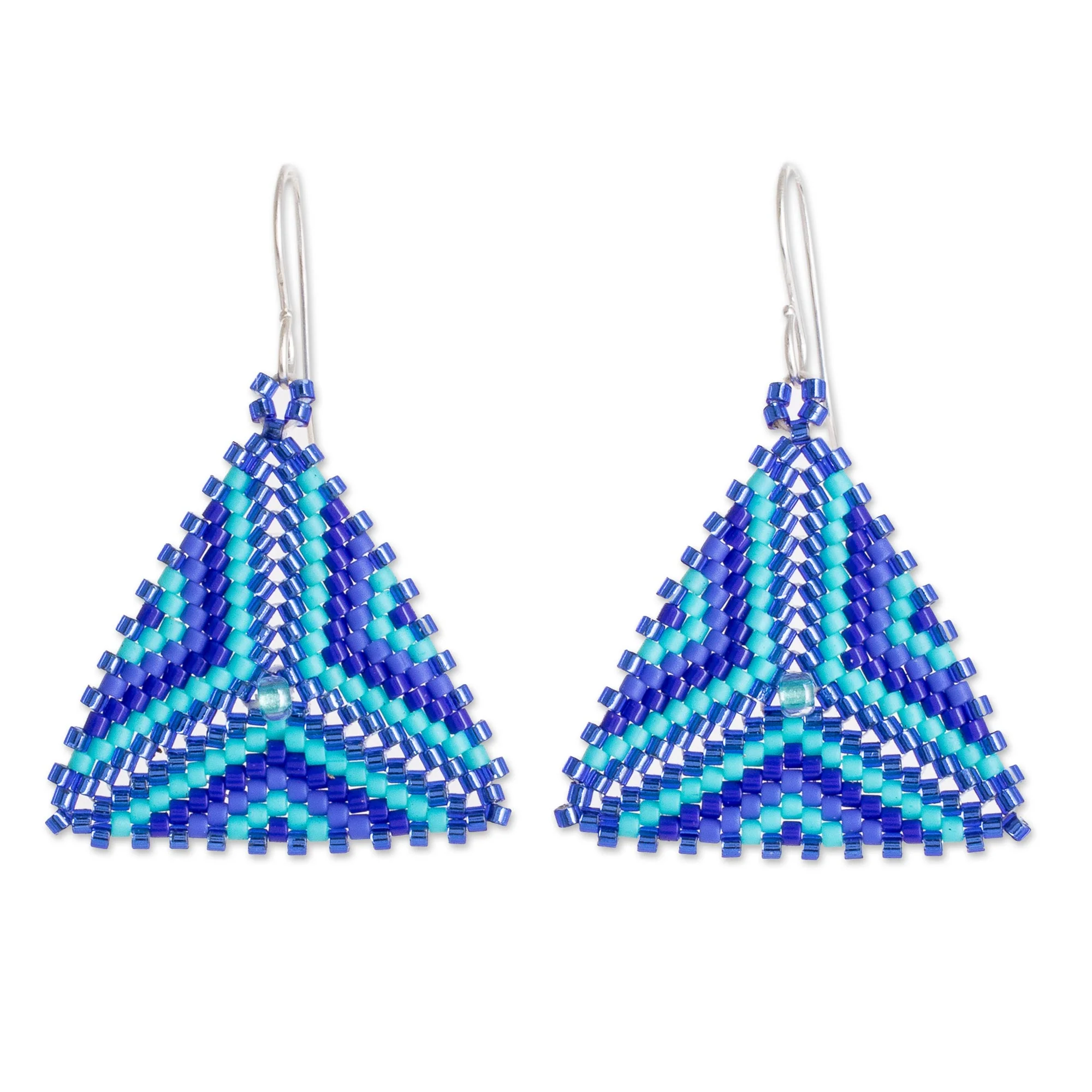 Tribal Triangles Triangular Glass Beaded Dangle Earrings in Blue - Image 2