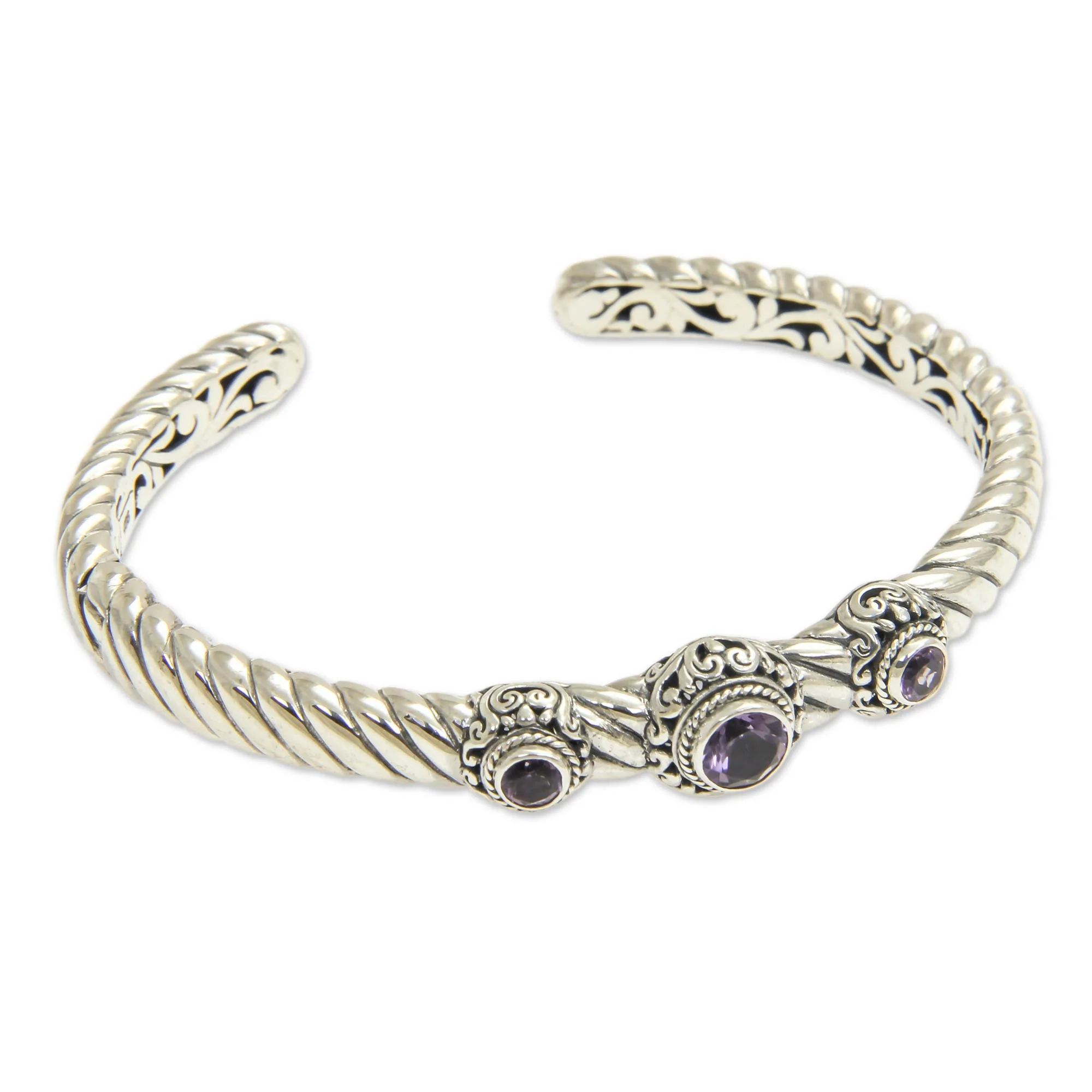 Triple Crown in Purple Amethyst and Sterling Silver Cuff Bracelet from Bali - Image 5