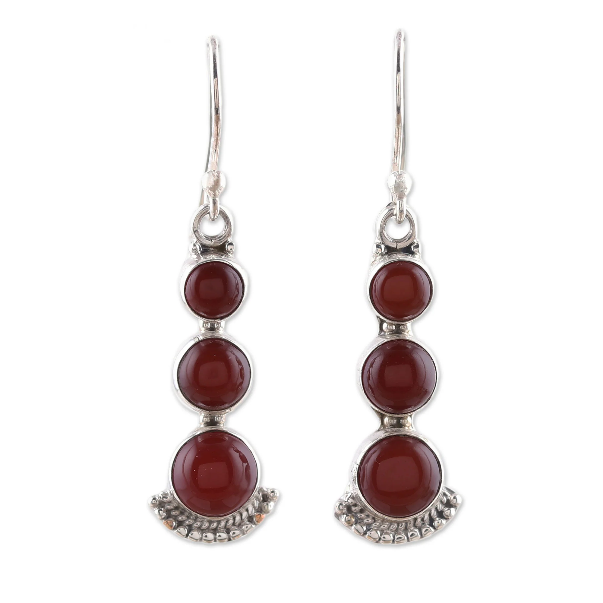 Triple Gleam Round Carnelian and Sterling Silver Dangle Earrings - Image 2