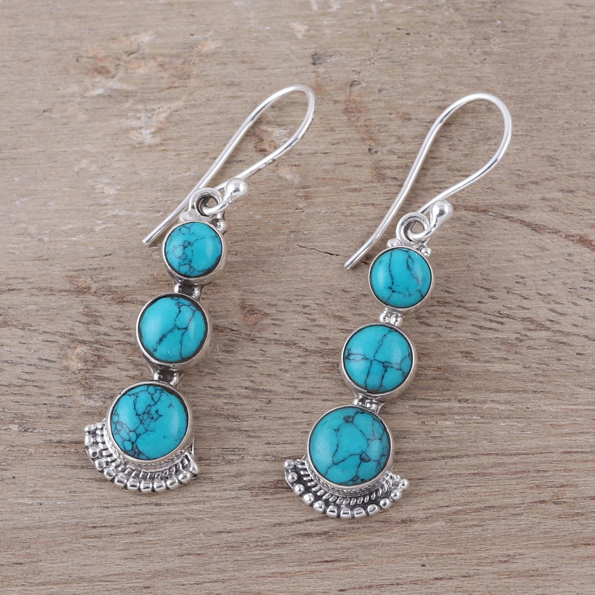 Triple Gleam Round Sterling Silver and Composite Turquoise Earrings - Image 3