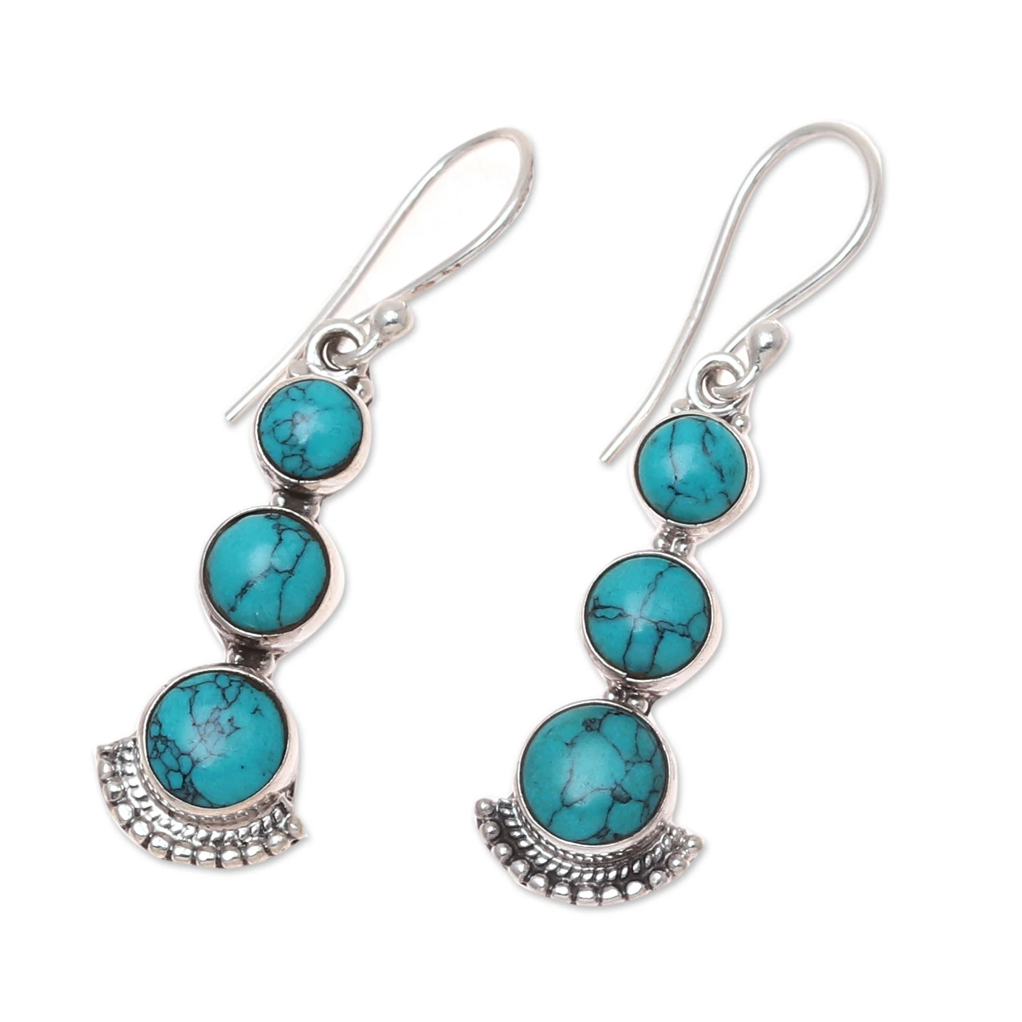 Triple Gleam Round Sterling Silver and Composite Turquoise Earrings - Image 4