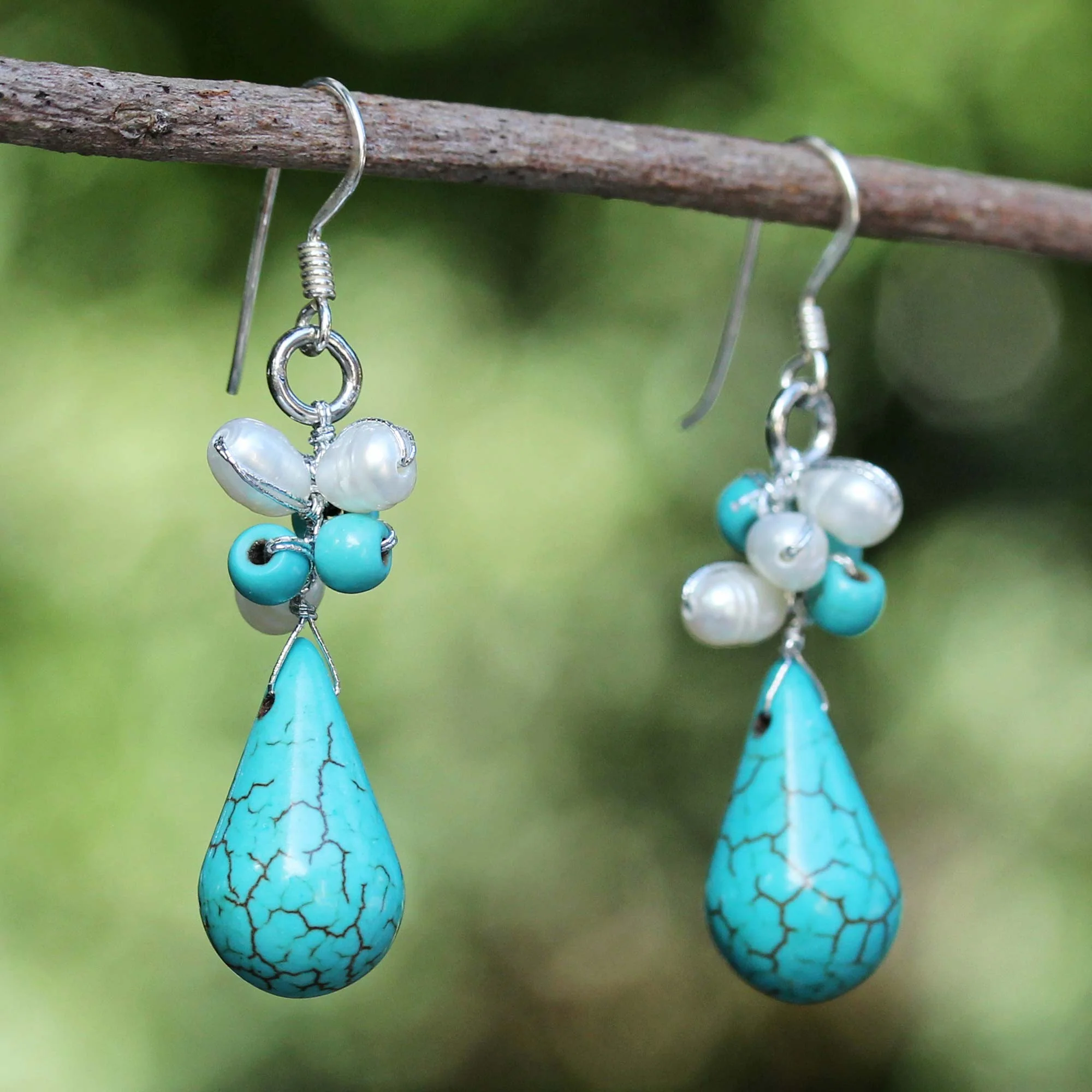 Tropic Blue Pearls & Silver Cluster Earrings - Image 3