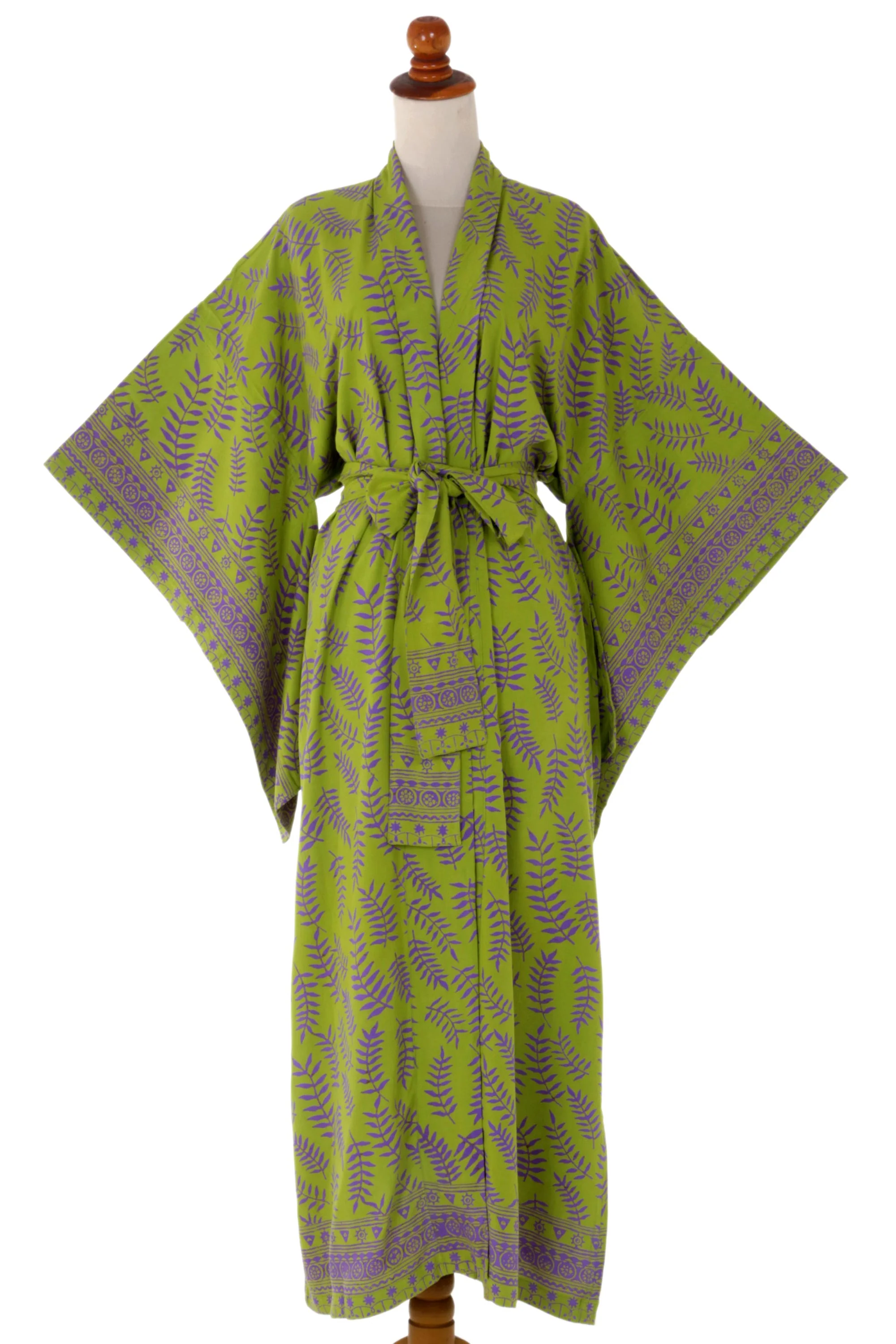 Tropical Fern Forest Balinese Green and Purple Fern Leaf Rayon Kimono Style Robe - Image 5