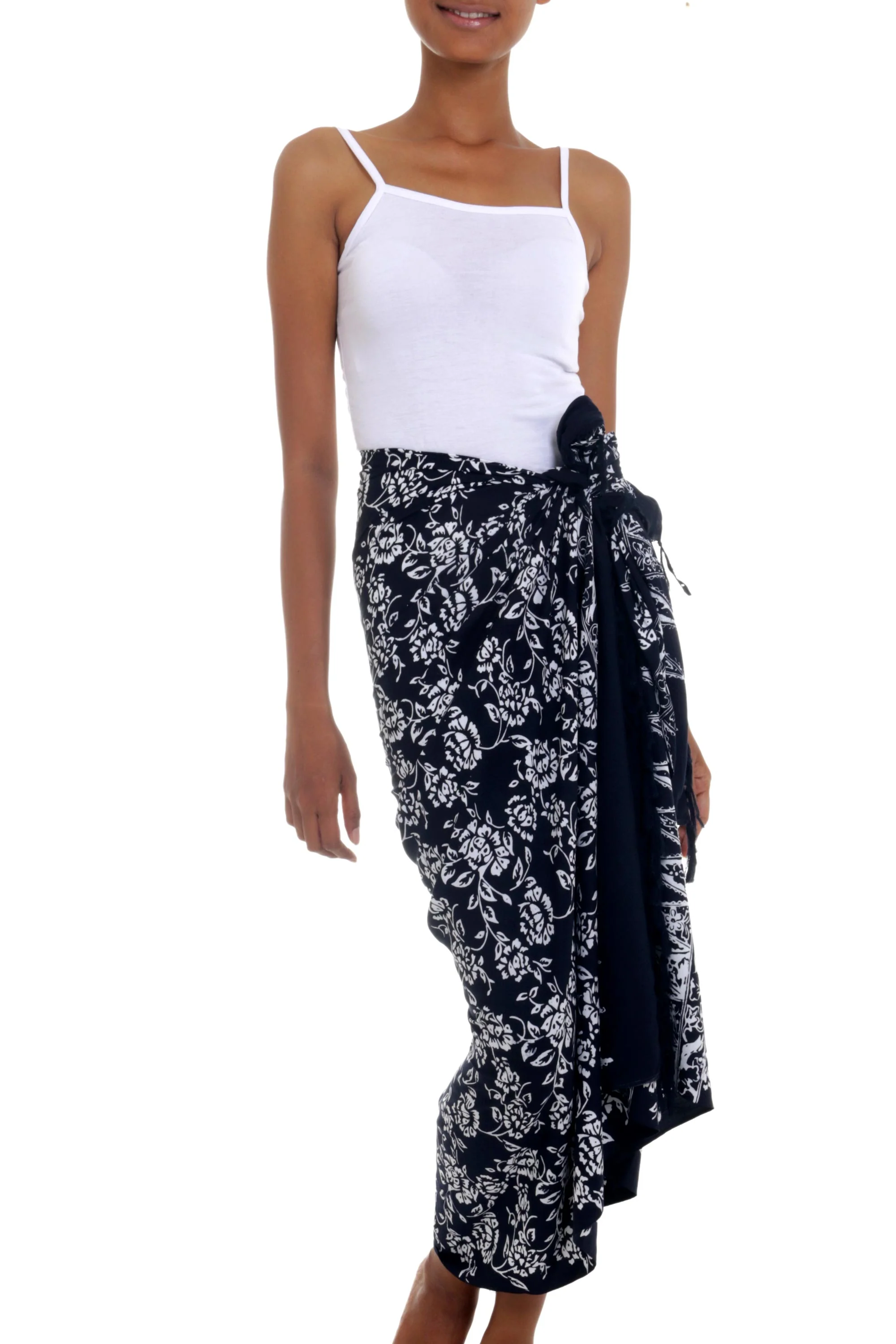 Tropical Garden in Black Black and White Rayon Sarong with Floral Batik Motifs - Image 3