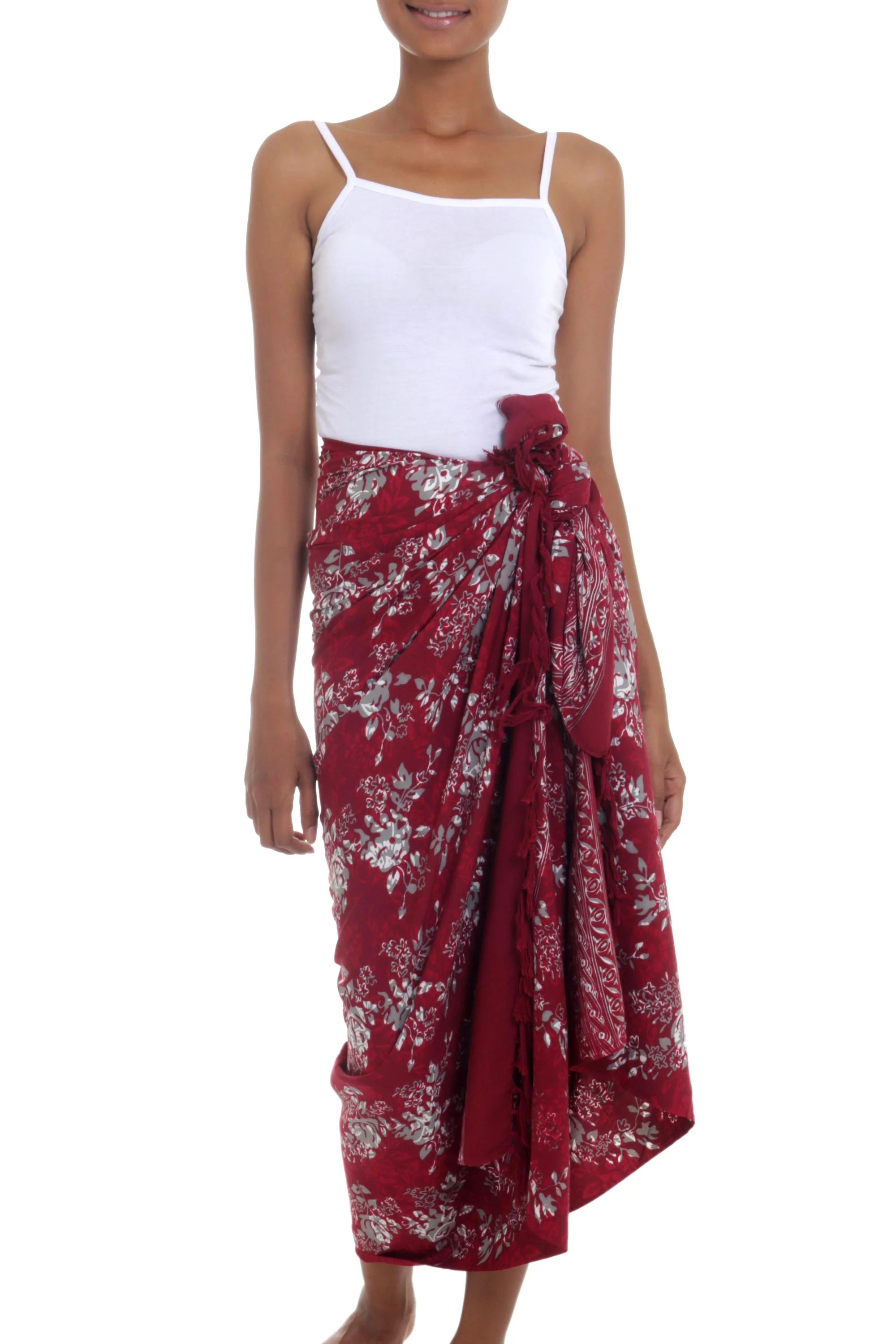 Tropical Garden in Claret Red Floral Rayon Sarong with Hand Stamped Batik Pattern - Image 2