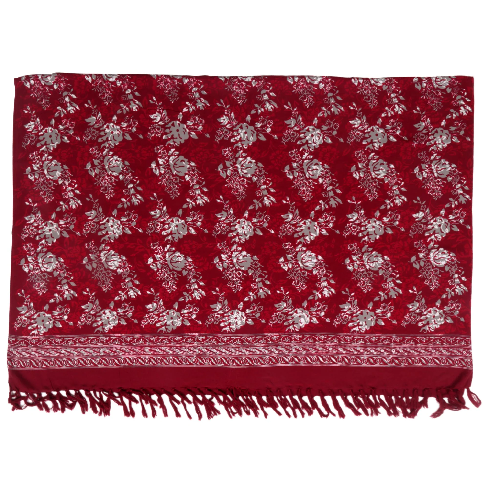 Tropical Garden in Claret Red Floral Rayon Sarong with Hand Stamped Batik Pattern - Image 4