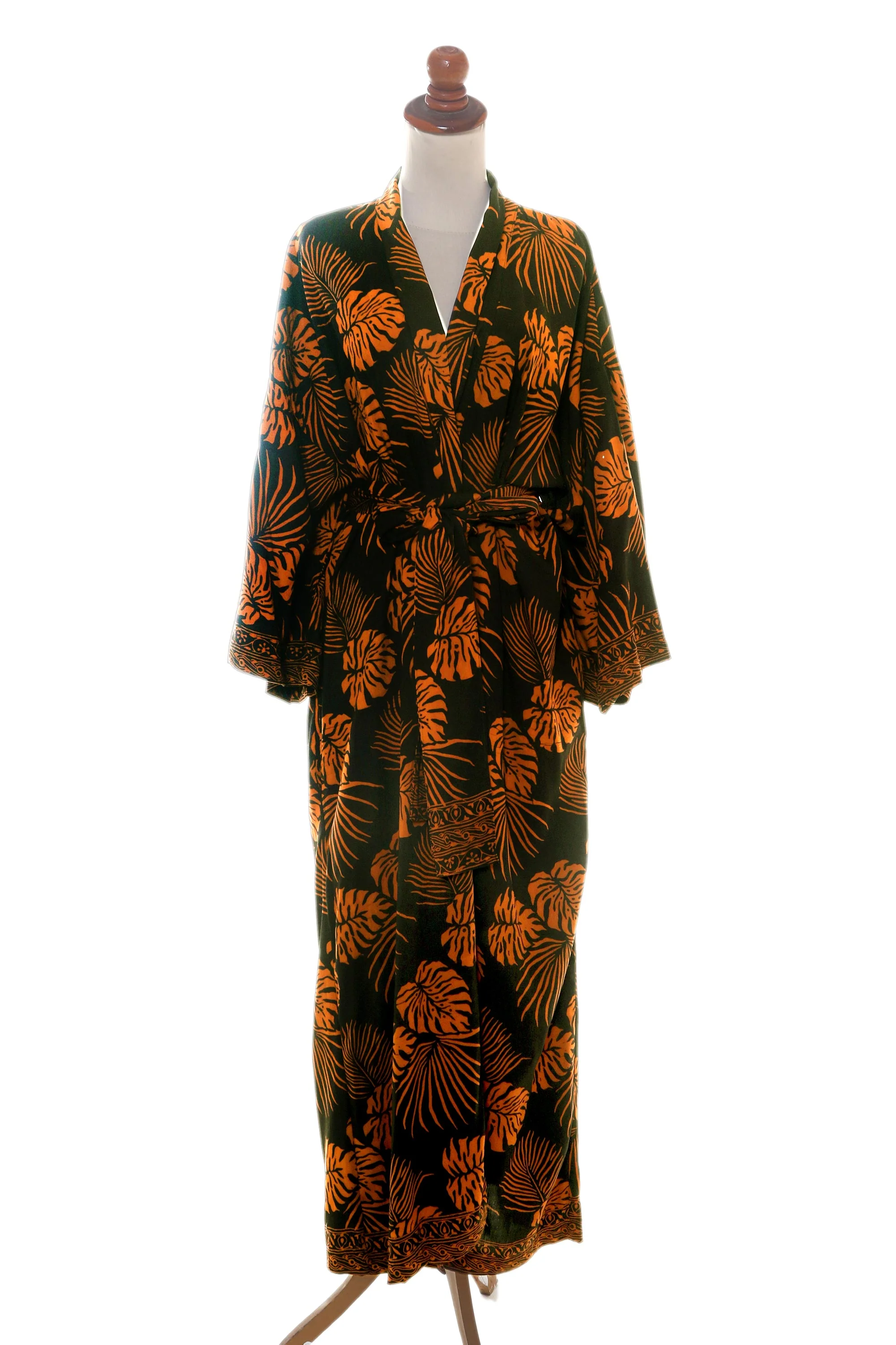 Tropical Leaves Hand Stamped Black and Spice Rayon Long Robe from Bali - Image 2