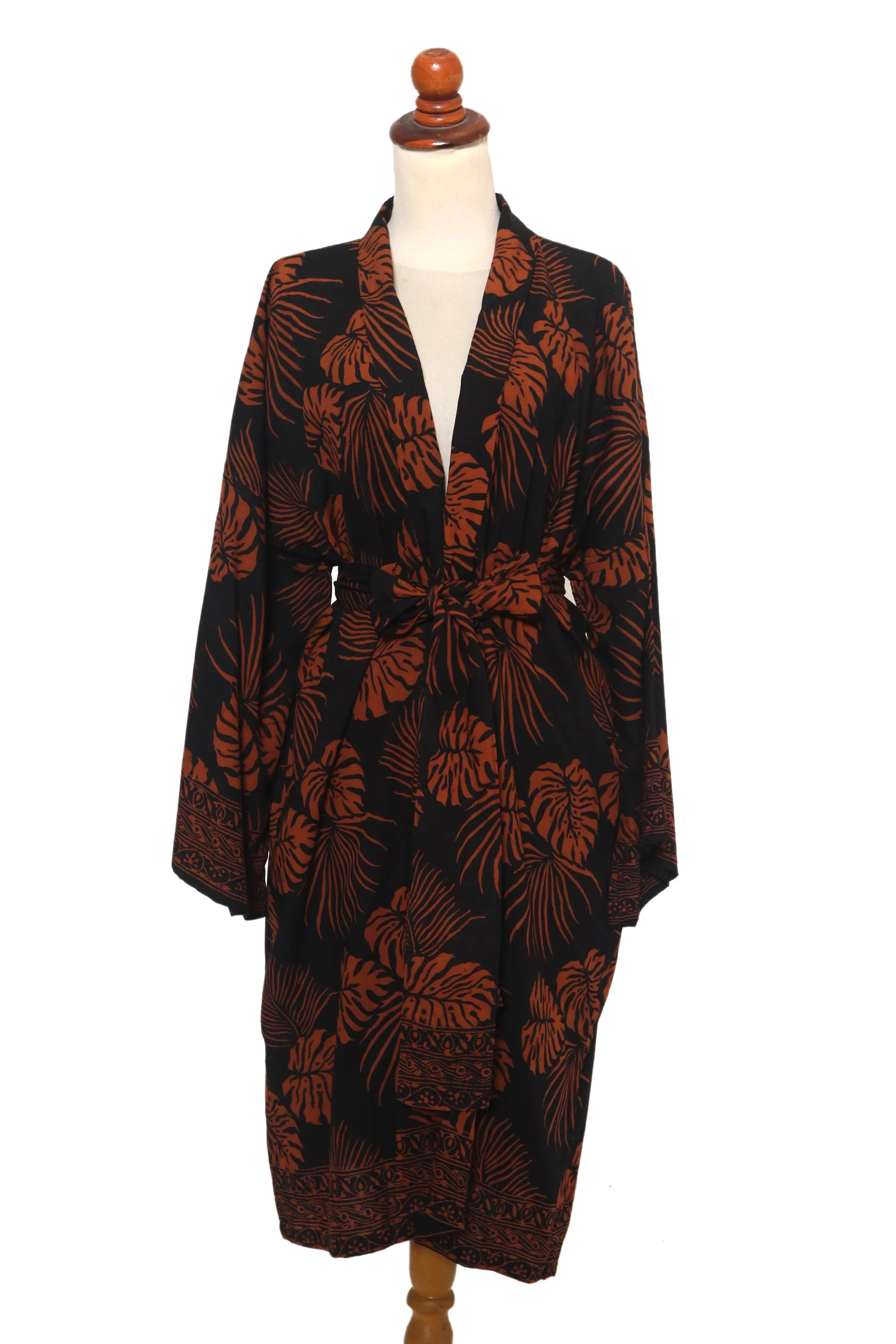 Tropical Leaves Handmade Batik Printed Rayon Robe - Image 2