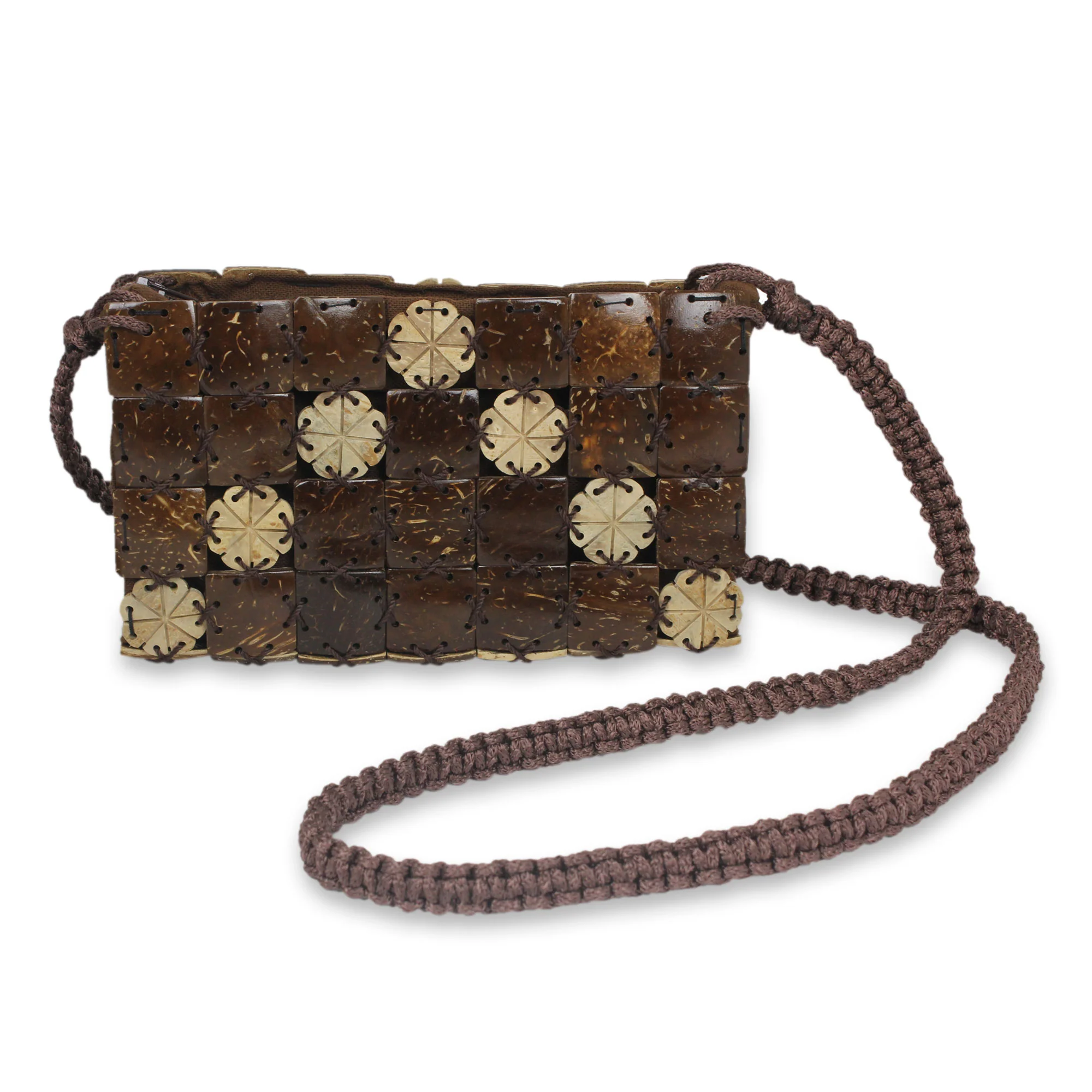 Tropical Tiles Handcrafted Thai Coconut Shell Macrame Shoulder Bag - Image 2