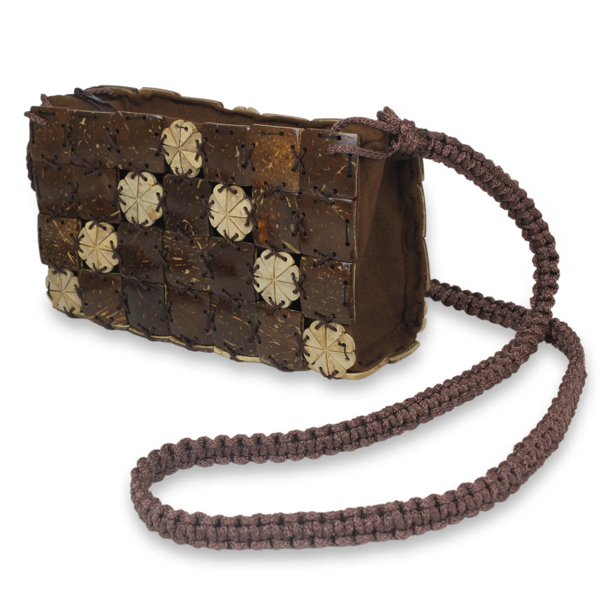 Tropical Tiles Handcrafted Thai Coconut Shell Macrame Shoulder Bag - Image 3