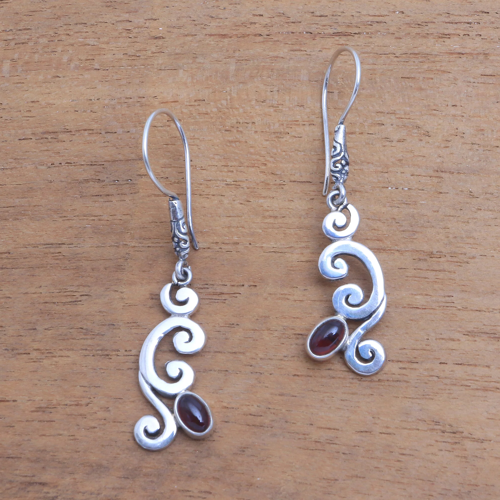 Tropical Treasure Curl Pattern Garnet Dangle Earrings from Bali - Image 4