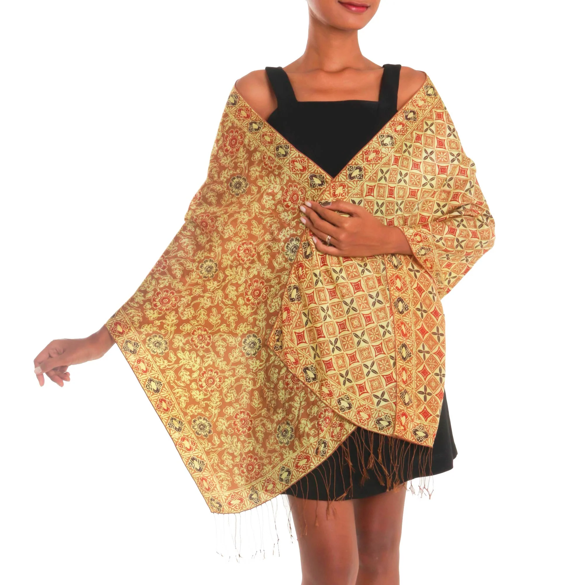 Truntum Forest in Ginger Batik Silk Shawl with Ginger Floral Motifs from Bali - Image 2