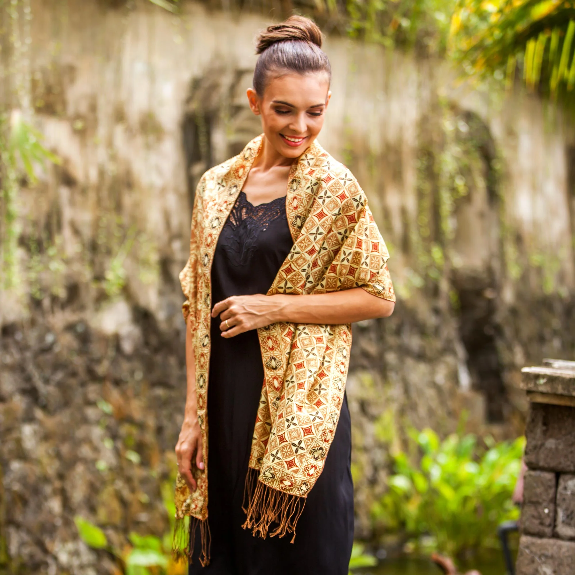 Truntum Forest in Ginger Batik Silk Shawl with Ginger Floral Motifs from Bali - Image 3