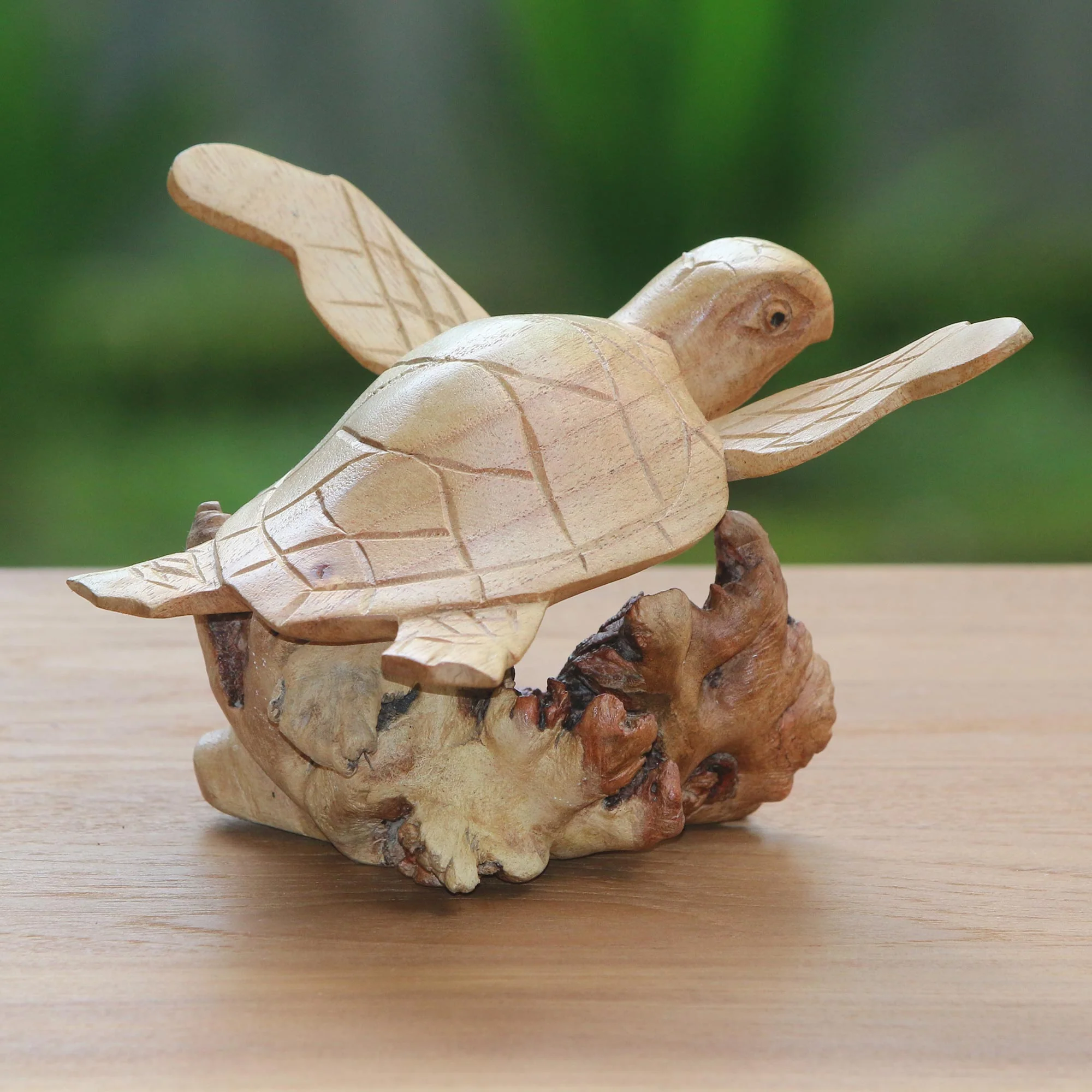 Turtle Current Hand-Carved Ocean Turtle Jempinis Wood Tree Sculpture - Image 3
