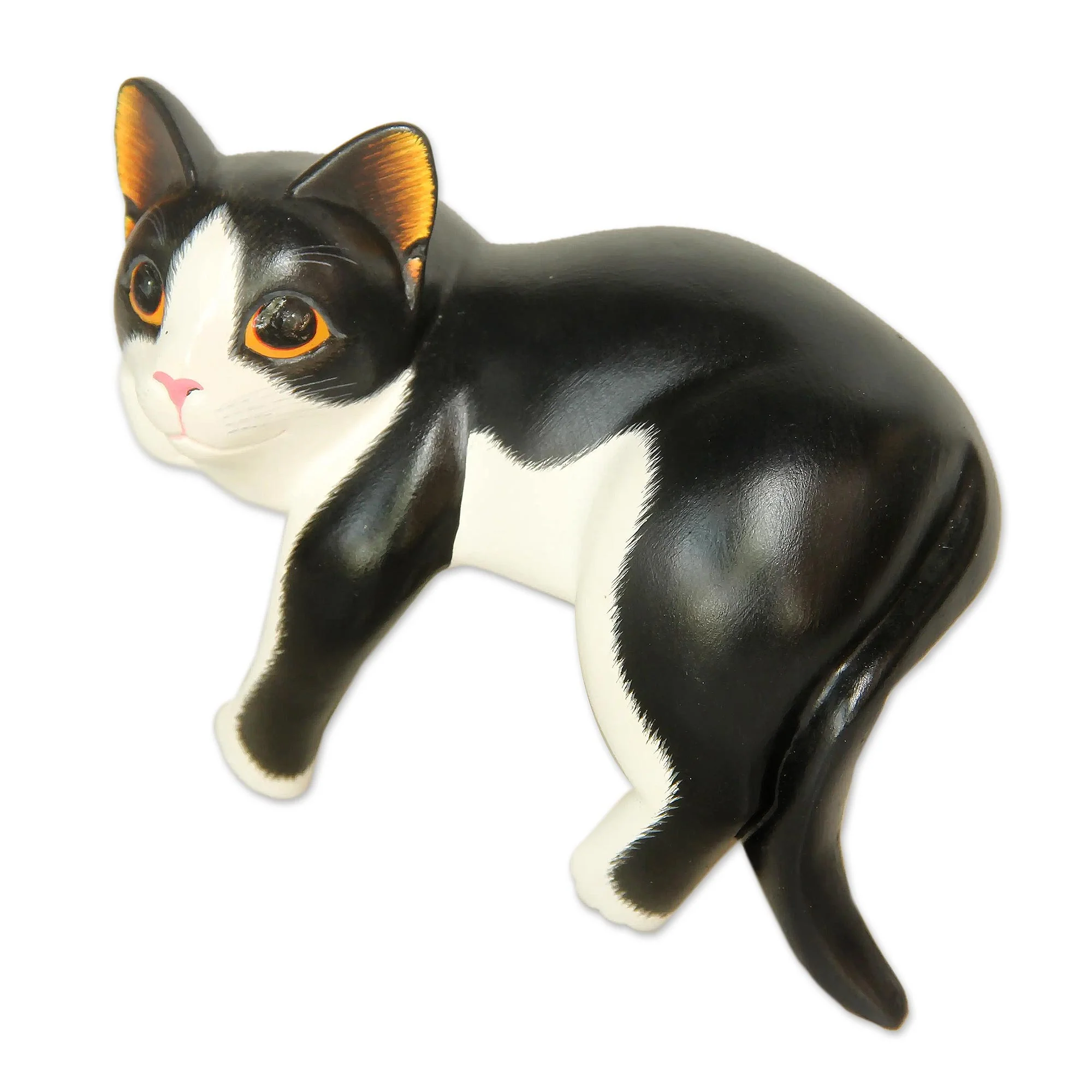 Tuxedo Cat Relaxes Signed Balinese Tuxedo Cat Sculpture - Image 2