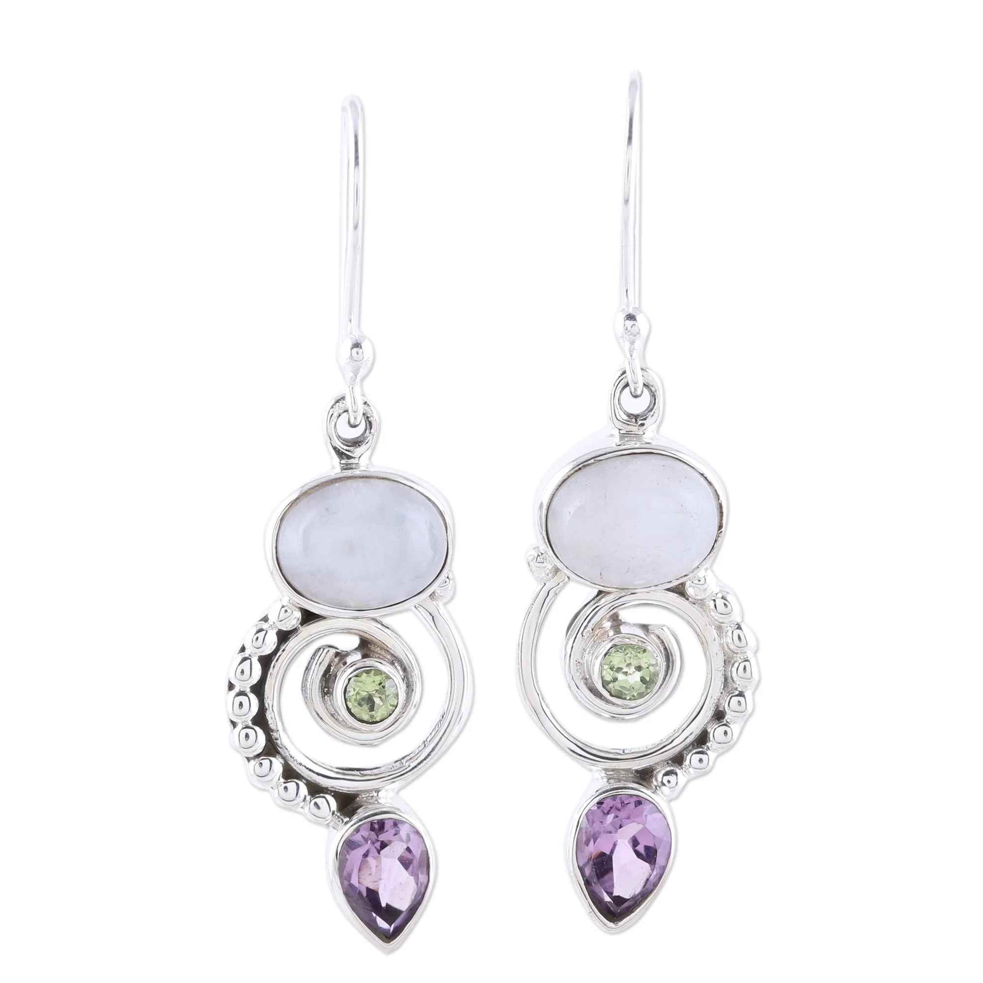 Twilight Labyrinth Multi-Gemstone and Sterling Silver Spiral Dangle Earrings - Image 2