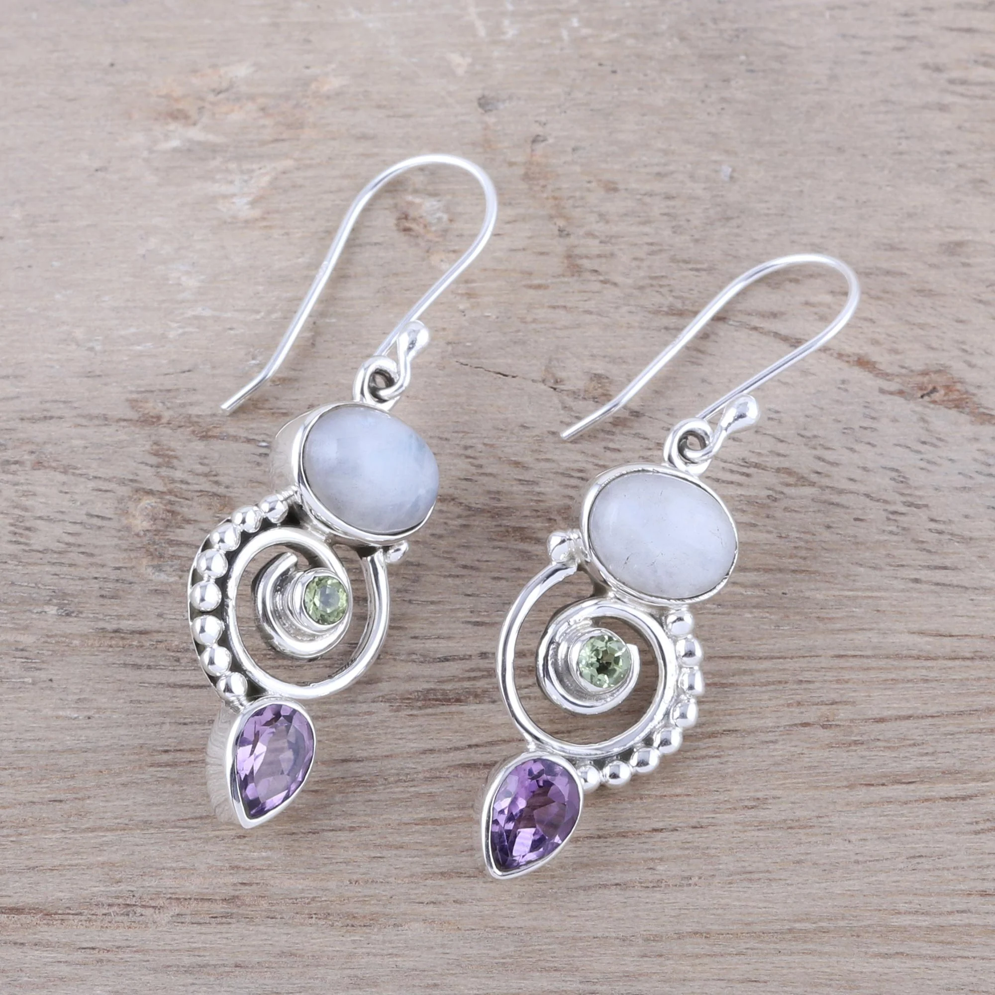 Twilight Labyrinth Multi-Gemstone and Sterling Silver Spiral Dangle Earrings - Image 3