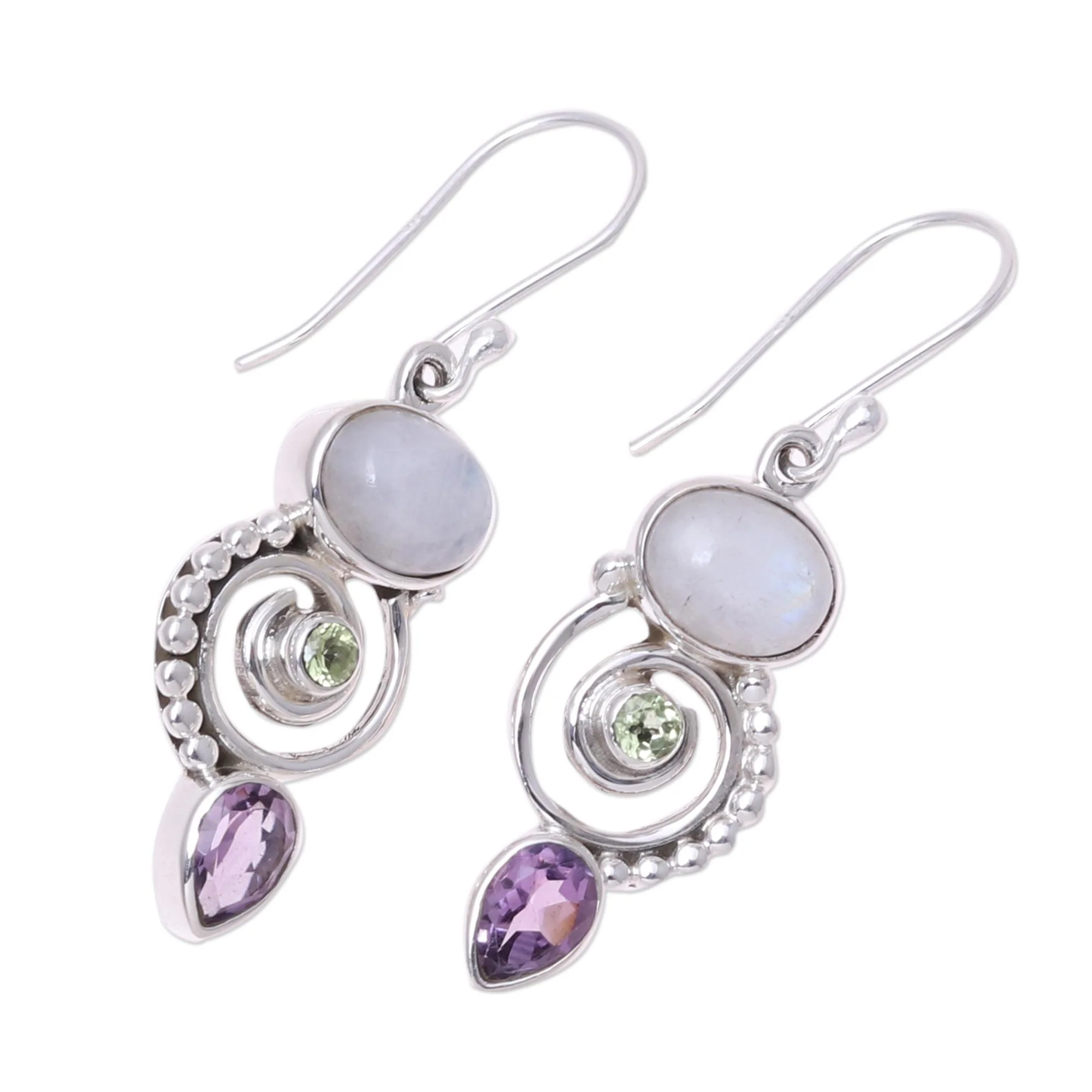 Twilight Labyrinth Multi-Gemstone and Sterling Silver Spiral Dangle Earrings - Image 4