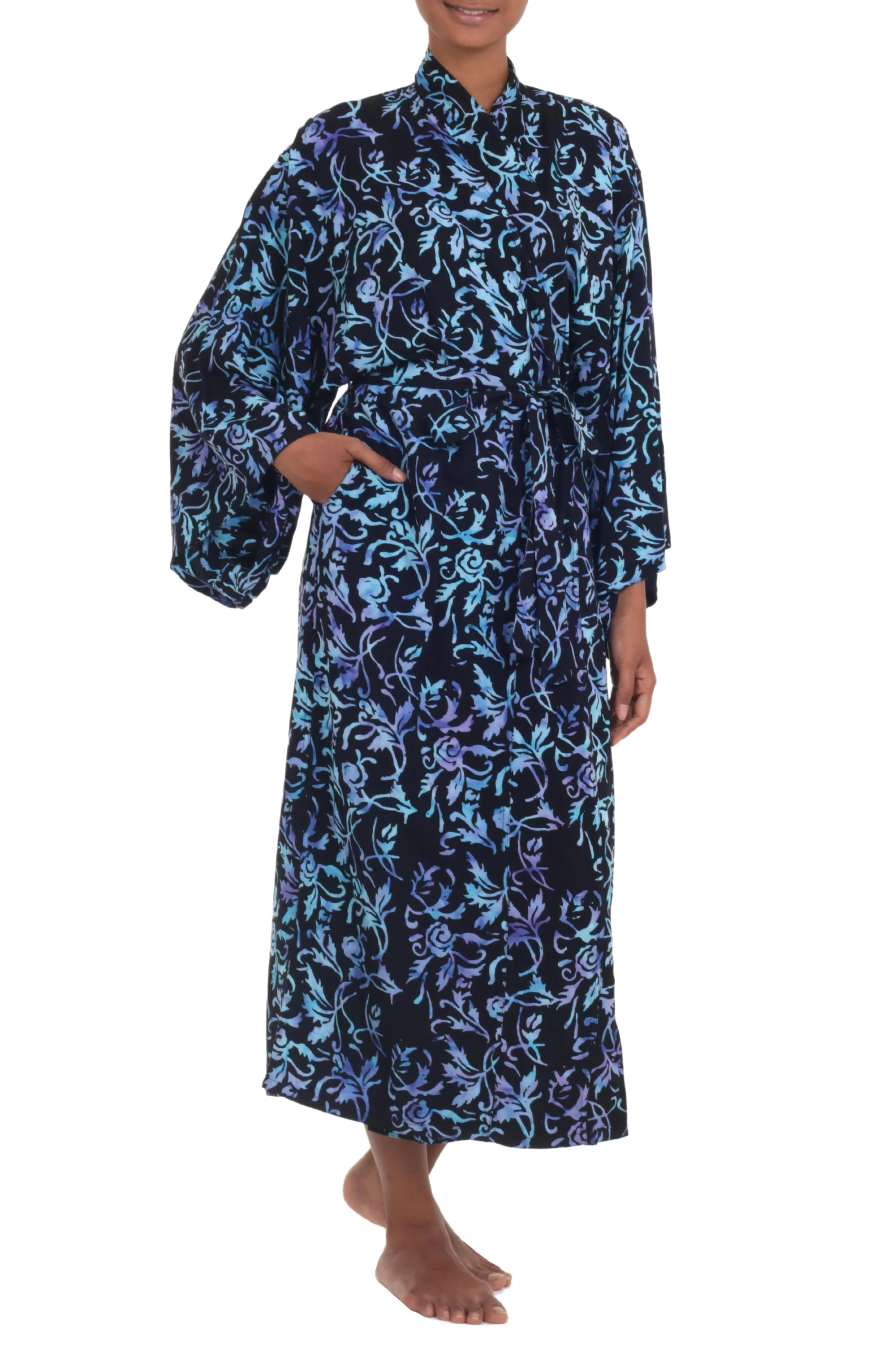 Twilight Roses Rayon Black Long Robe with Blue Purple Batik Floral Print - Image 2