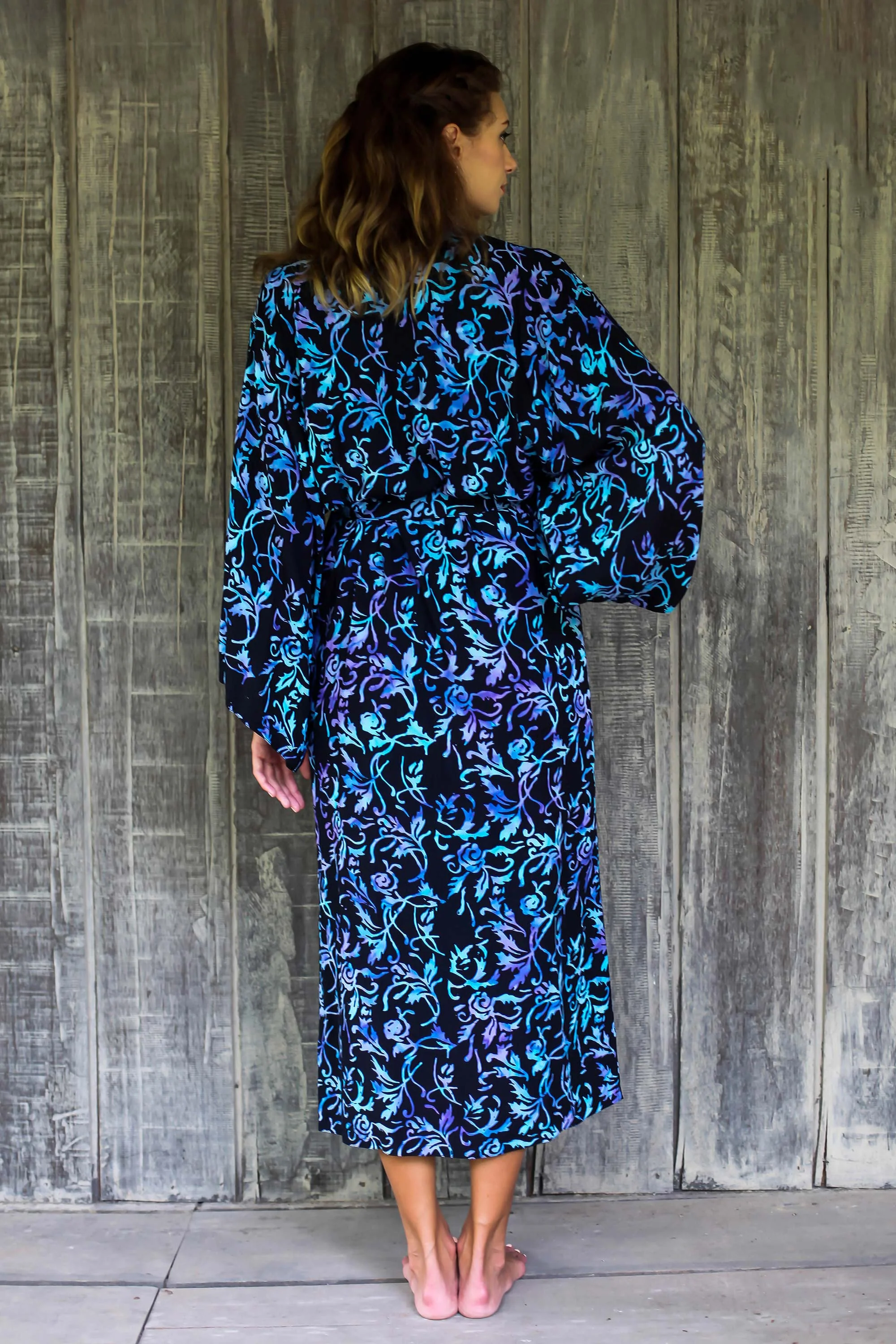 Twilight Roses Rayon Black Long Robe with Blue Purple Batik Floral Print - Image 3