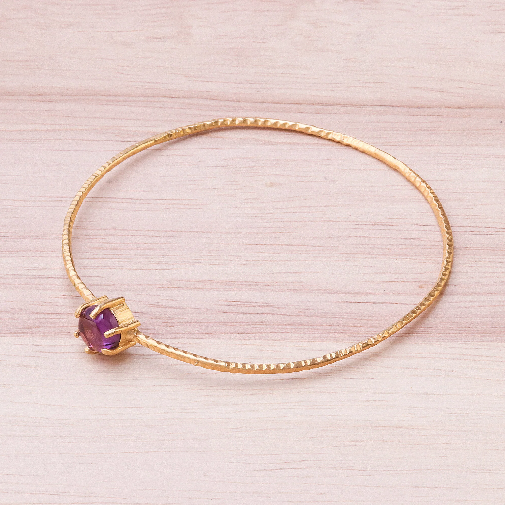 Twilight Star Amethyst and 18K Gold Plated Hammered Brass Bangle Bracelet - Image 3