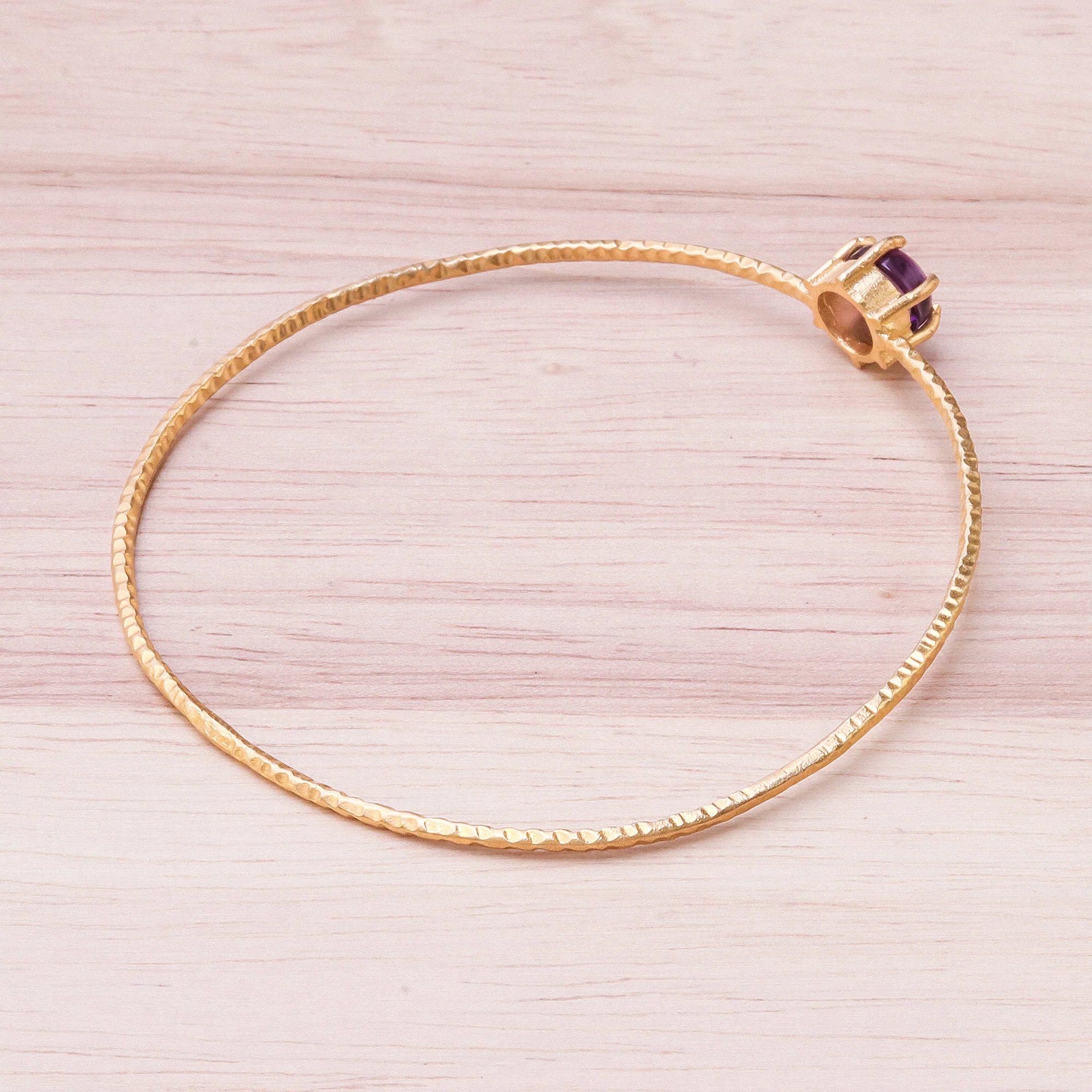 Twilight Star Amethyst and 18K Gold Plated Hammered Brass Bangle Bracelet - Image 4