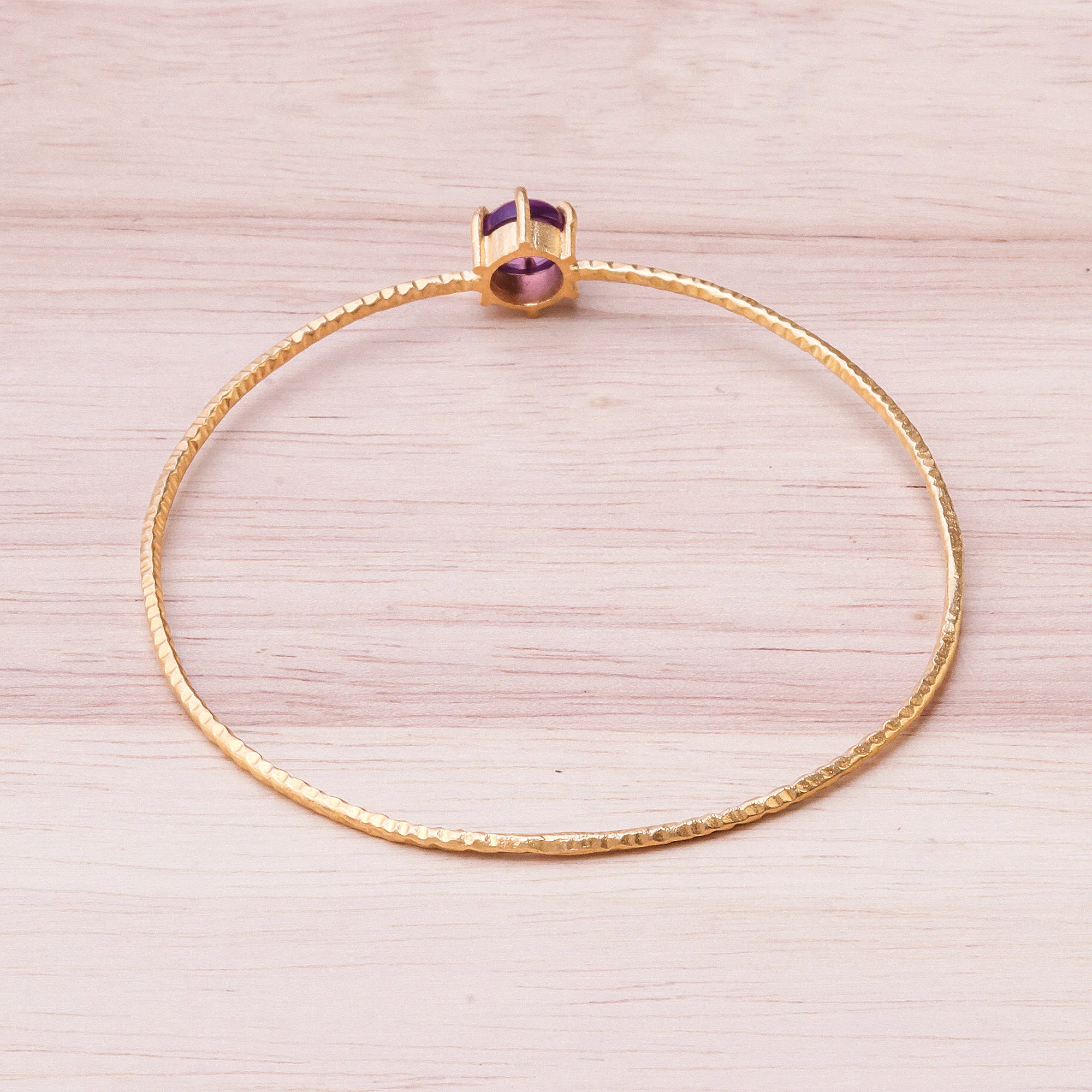 Twilight Star Amethyst and 18K Gold Plated Hammered Brass Bangle Bracelet - Image 5