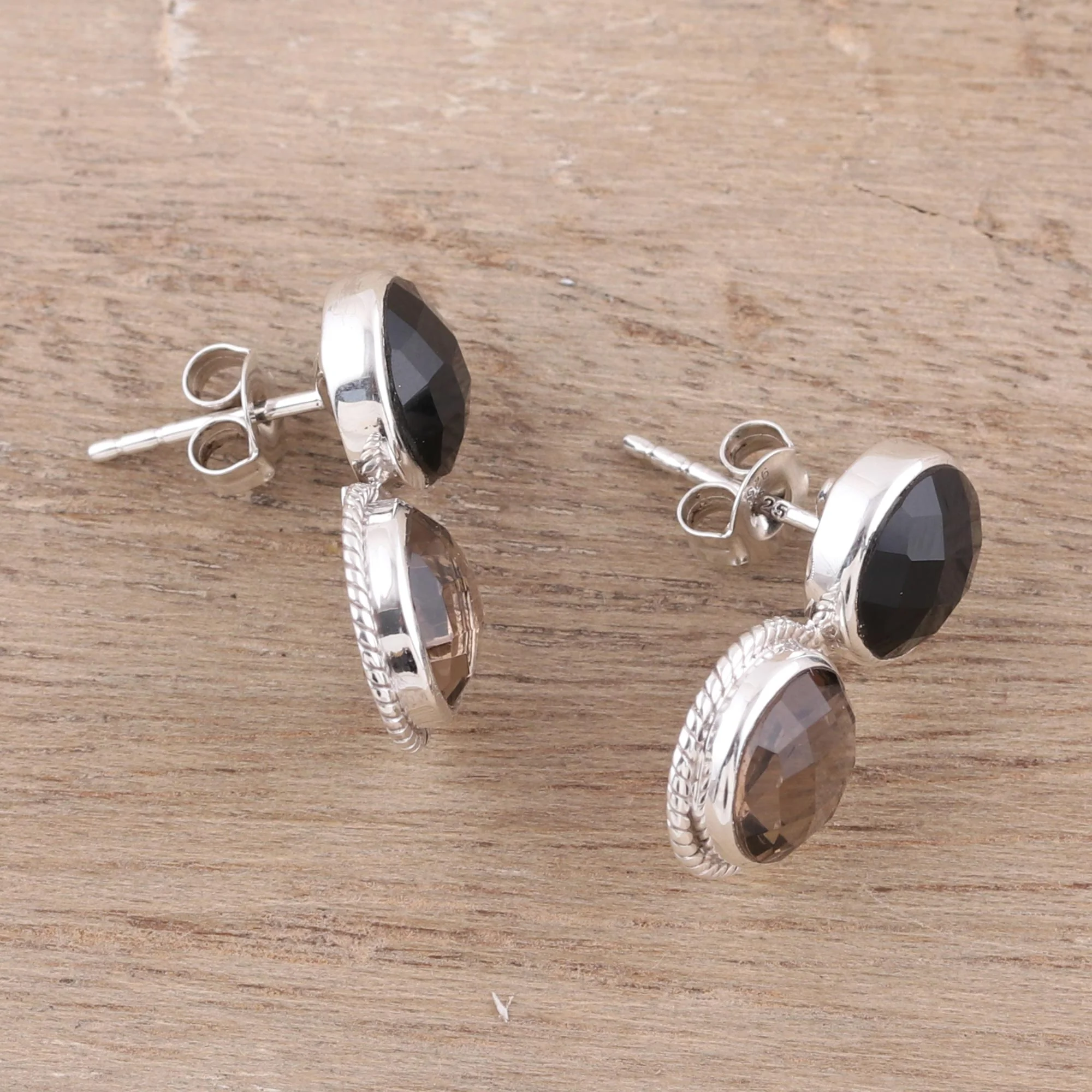 Twin Glitter Smoky Quartz and Onyx Drop Earrings from India - Image 3