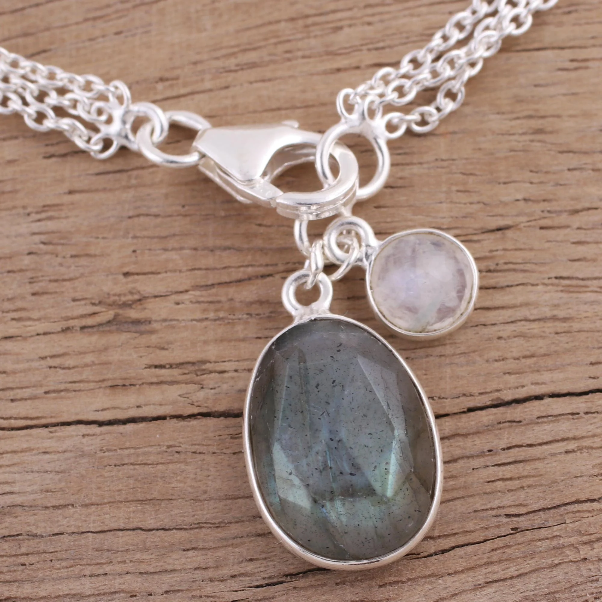 Twinkling Harmony Labradorite and Rainbow Moonstone Charm Bracelet from India - Image 3