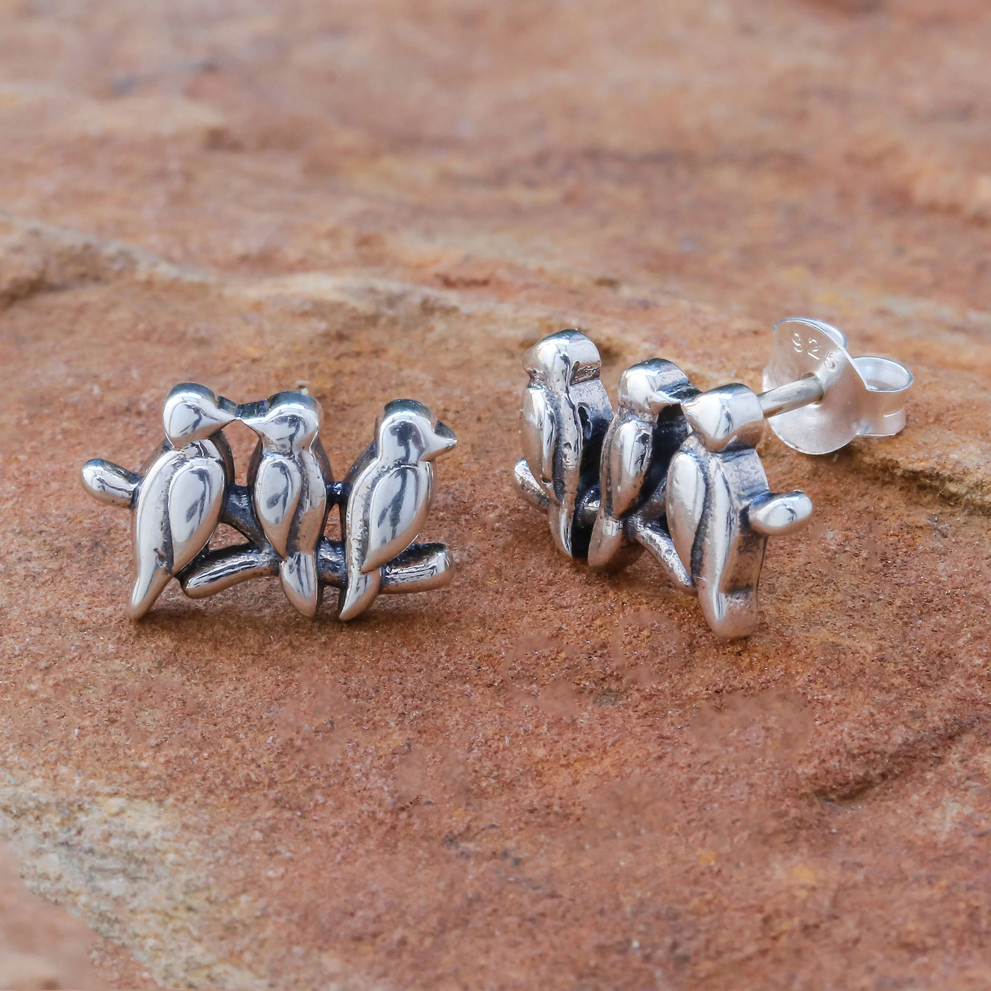 Twittering Trio Thai Artisan Handcrafted Sterling Silver Button Earrings - Image 3