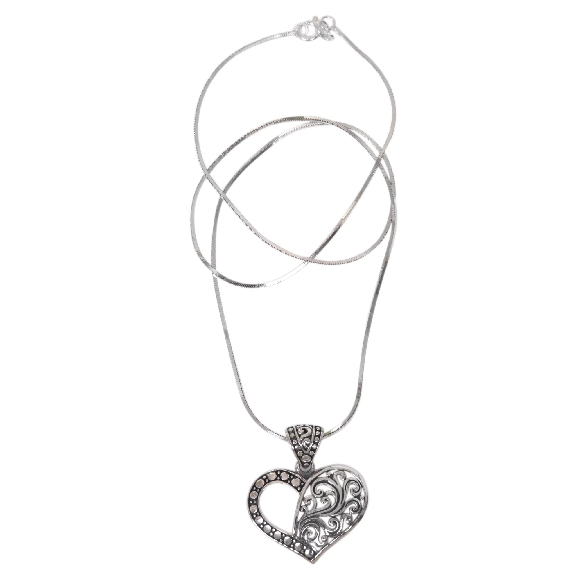 Two Hearts are One Balinese Sterling Silver Romantic Heart Necklace - Image 2