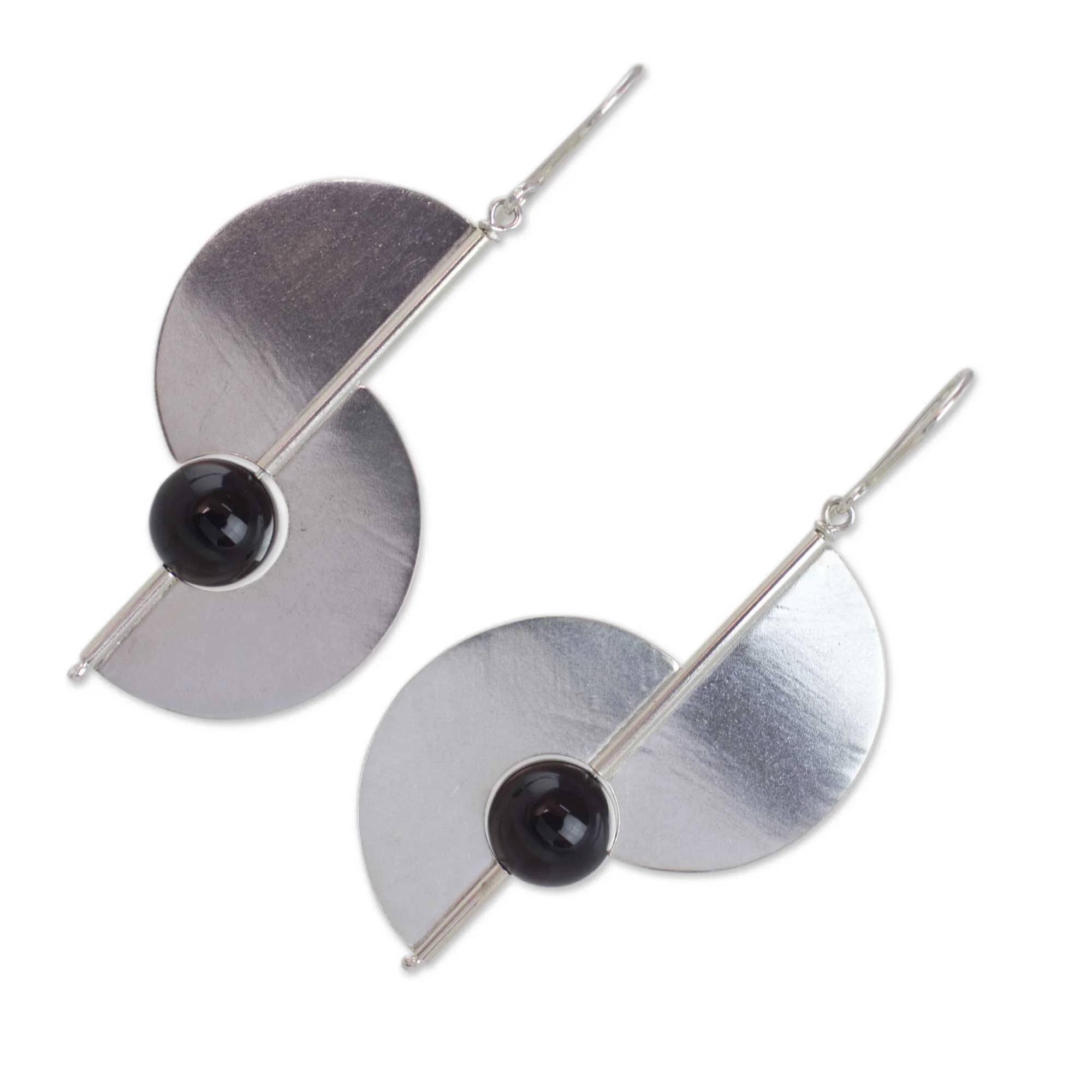 Two Moons Modern Geometric Sterling Silver and Onyx Hook Earrings - Image 3