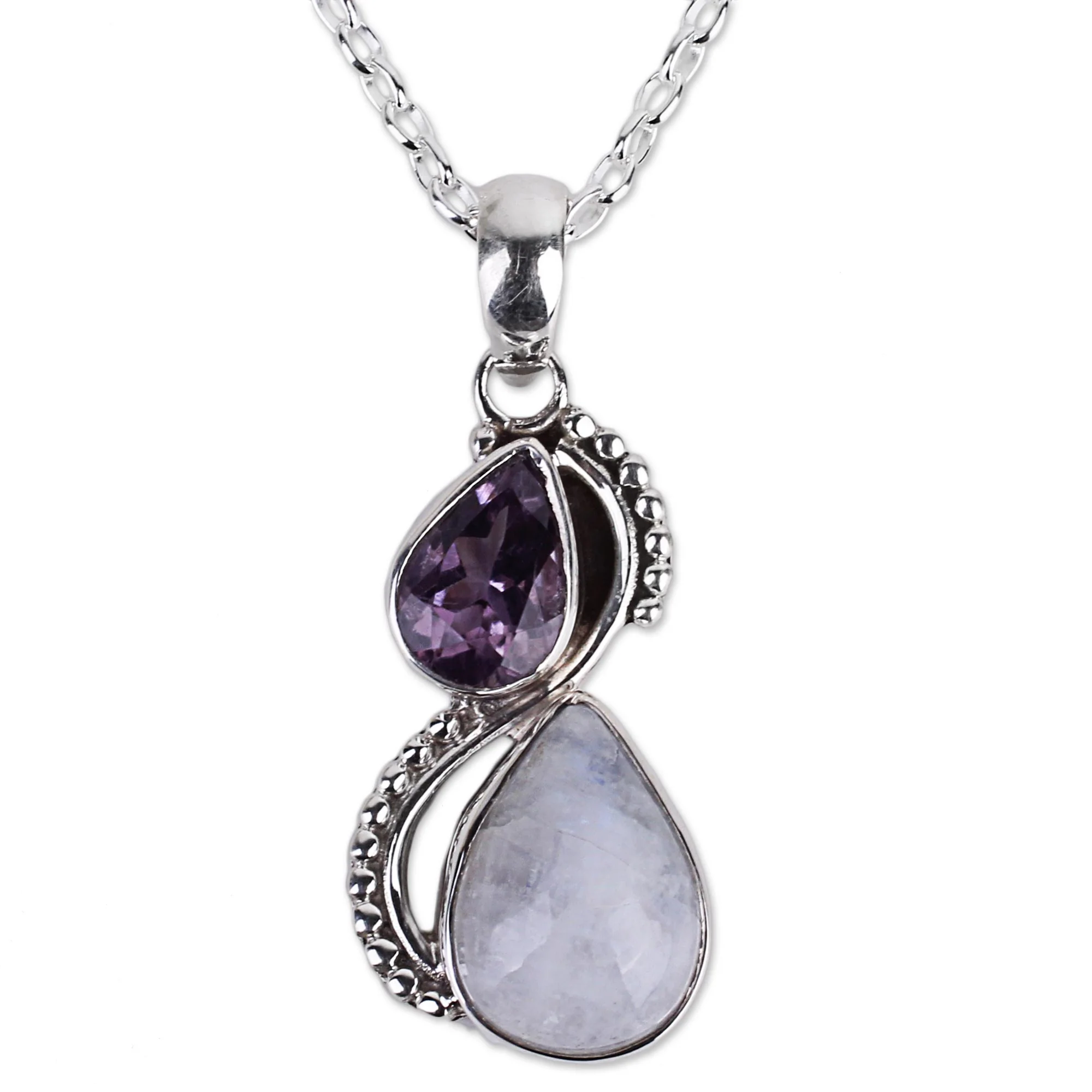 Two Teardrops Amethyst Moonstone Pendant Necklace - Image 2