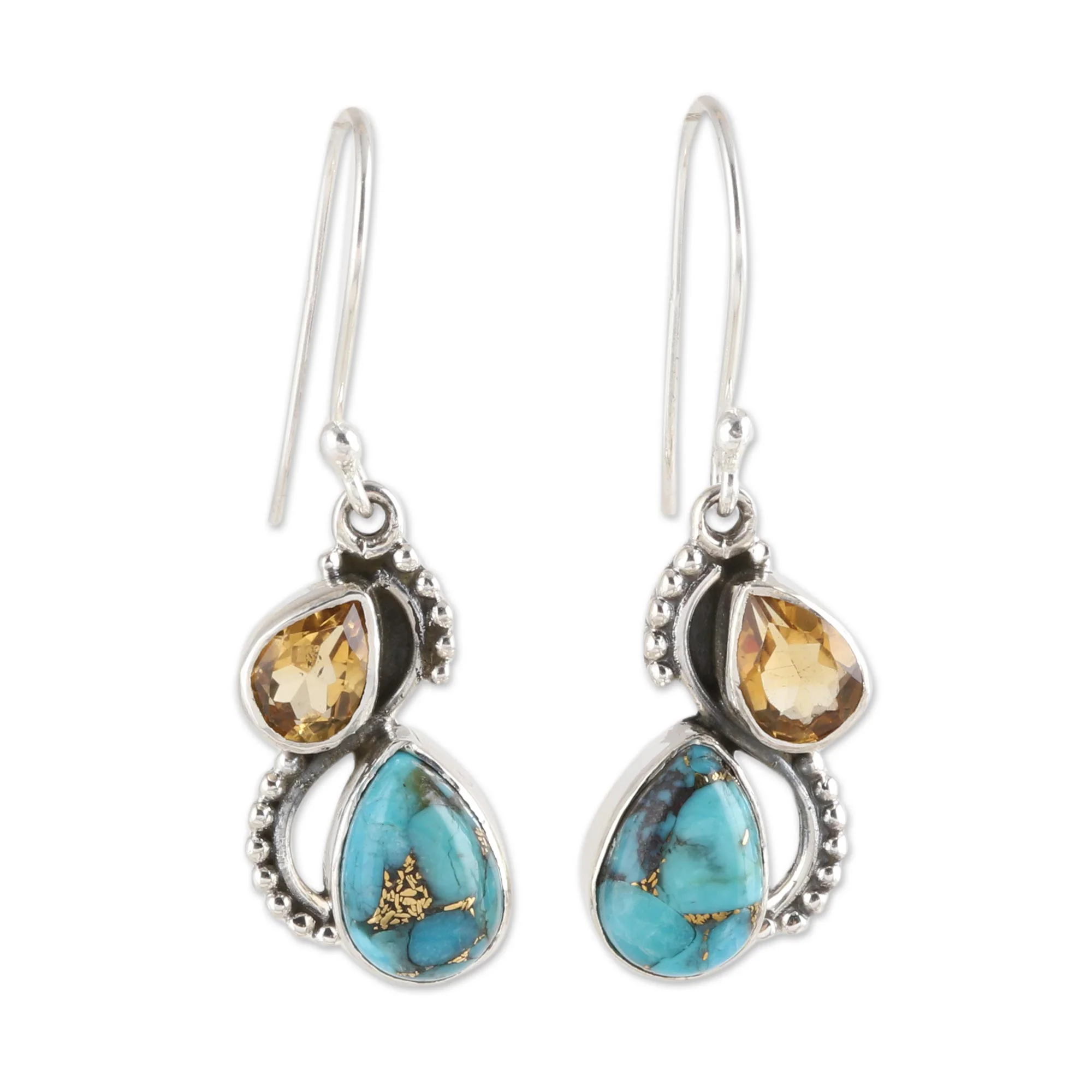 Two Teardrops Citrine and Composite Turquoise Teardrop Dangle Earrings - Image 2