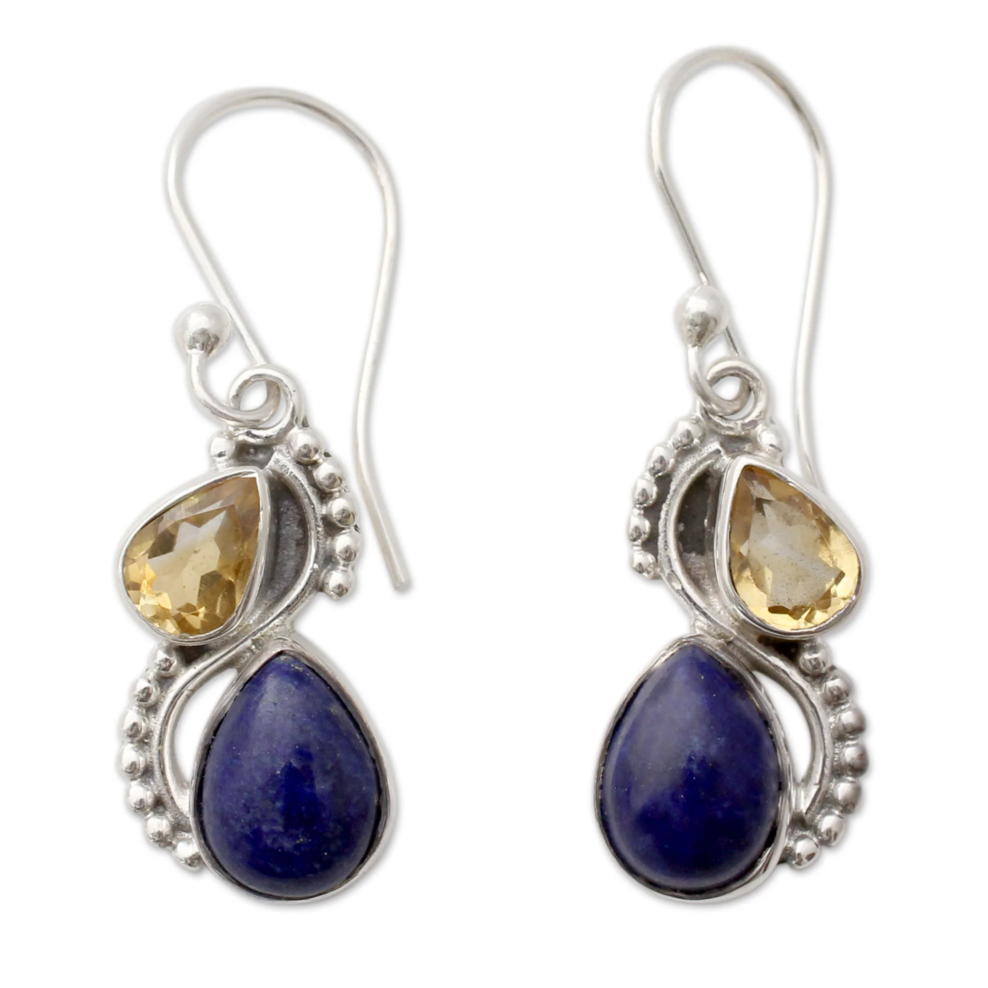 Two Teardrops Lapis Lazuli Citrine & Silver Earrings - Image 2