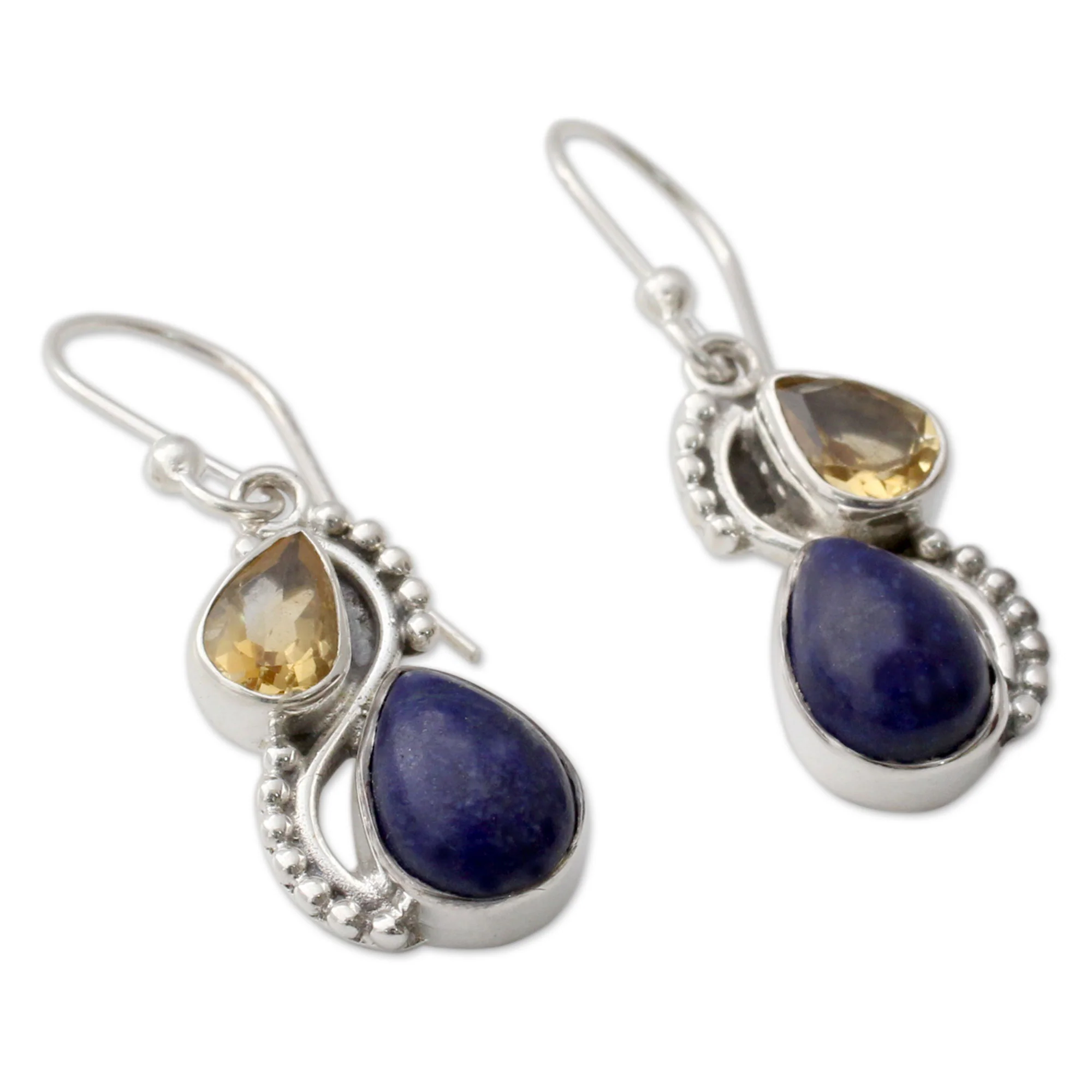 Two Teardrops Lapis Lazuli Citrine & Silver Earrings - Image 3