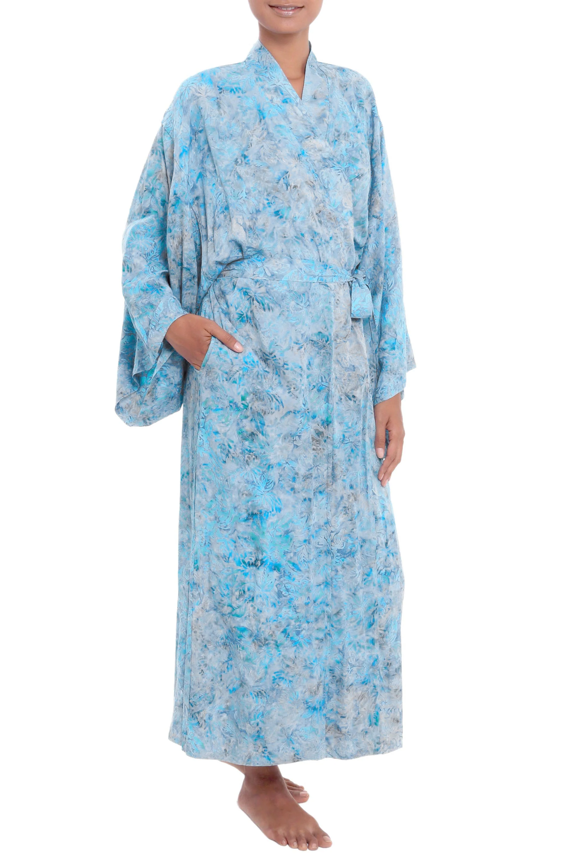 Ubud Grove Green and Blue Batik Print Long Sleeved Rayon Robe with Belt - Image 2
