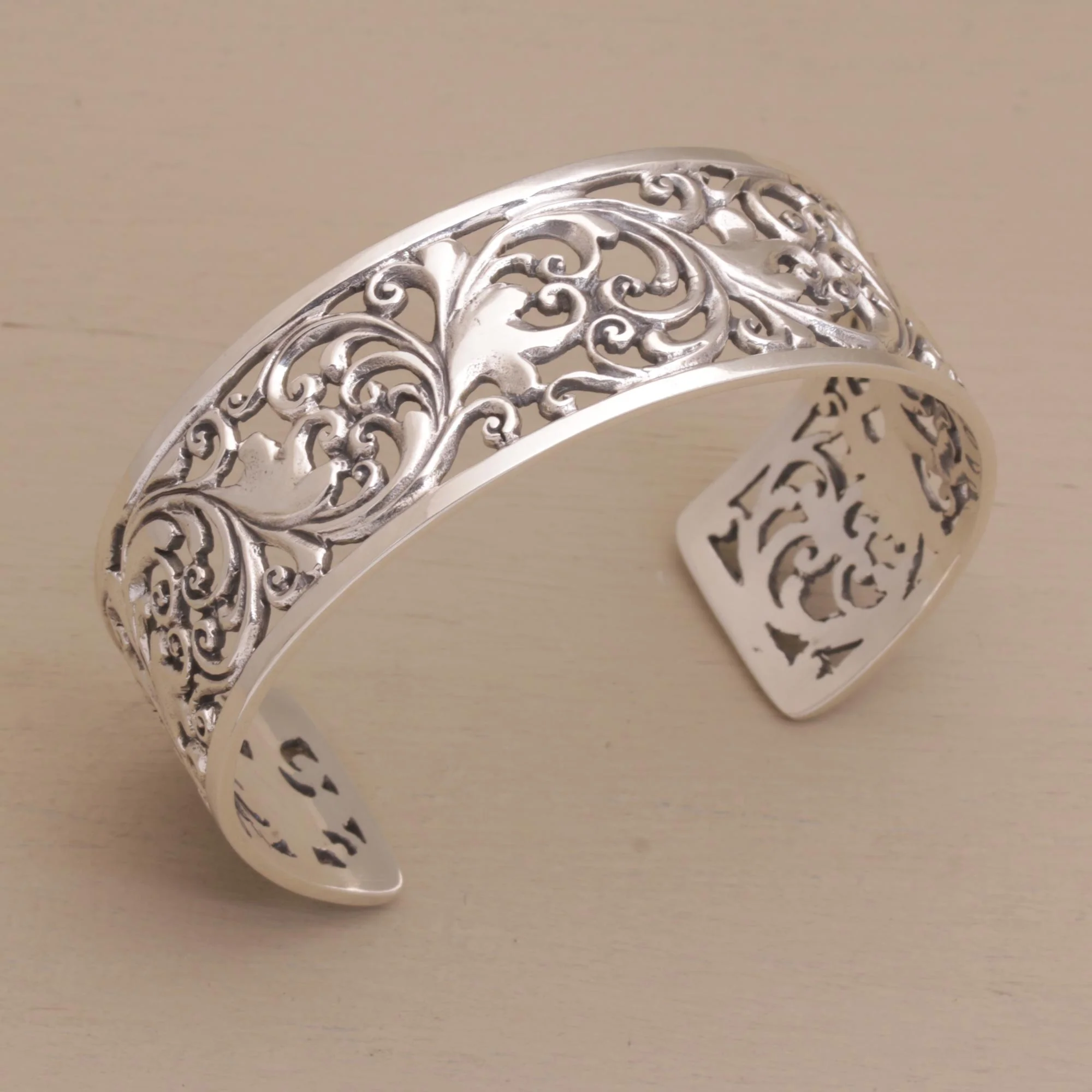 Undergrowth Detailed Sterling Silver Vine and Leaf Cuff Bracelet - Image 3
