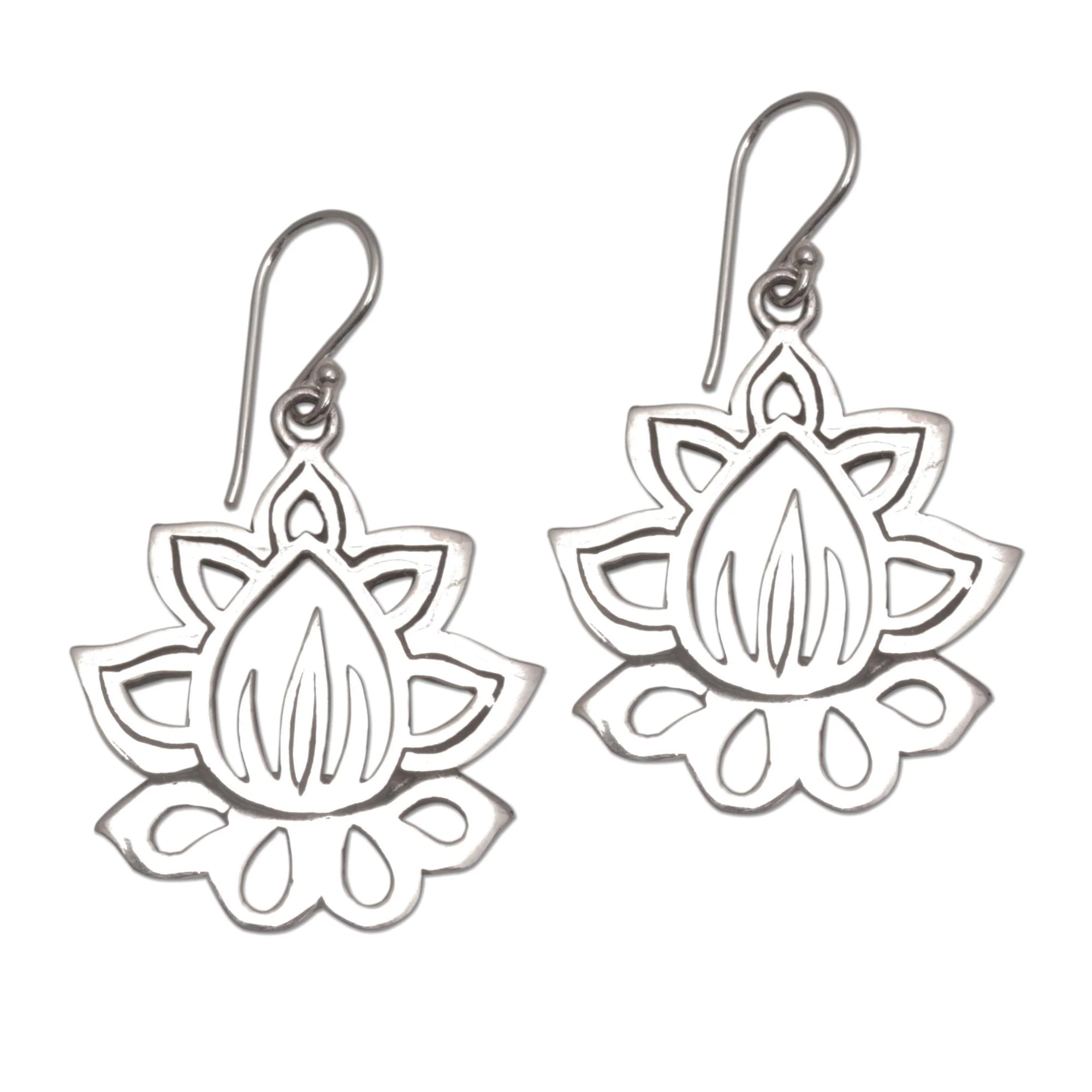 Unforgettable Lotus Sterling Silver Lotus Flower Dangle Earrings from Bali - Image 2