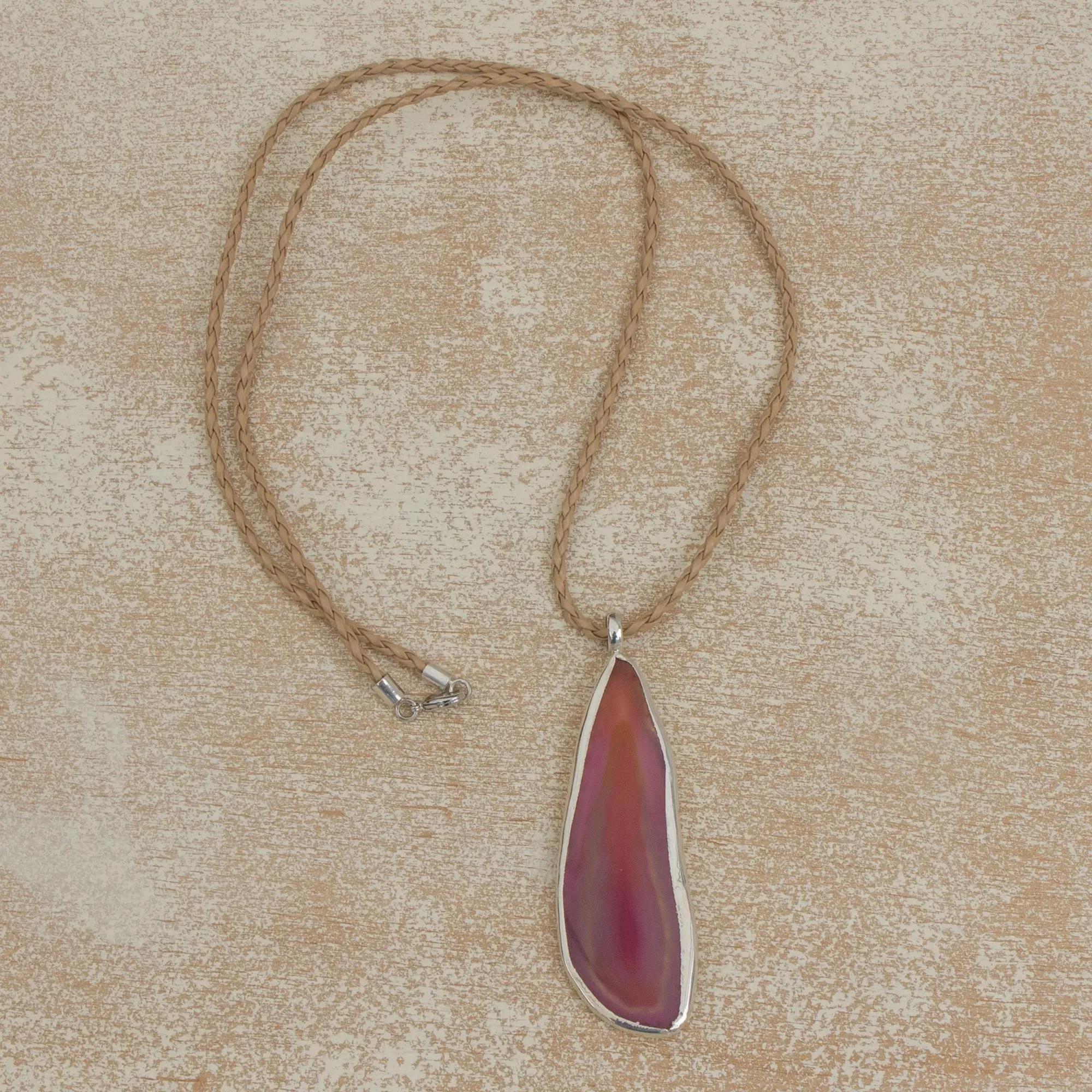 Uniquely Pink Agate and Sterling Silver on Leather Necklace - Image 3