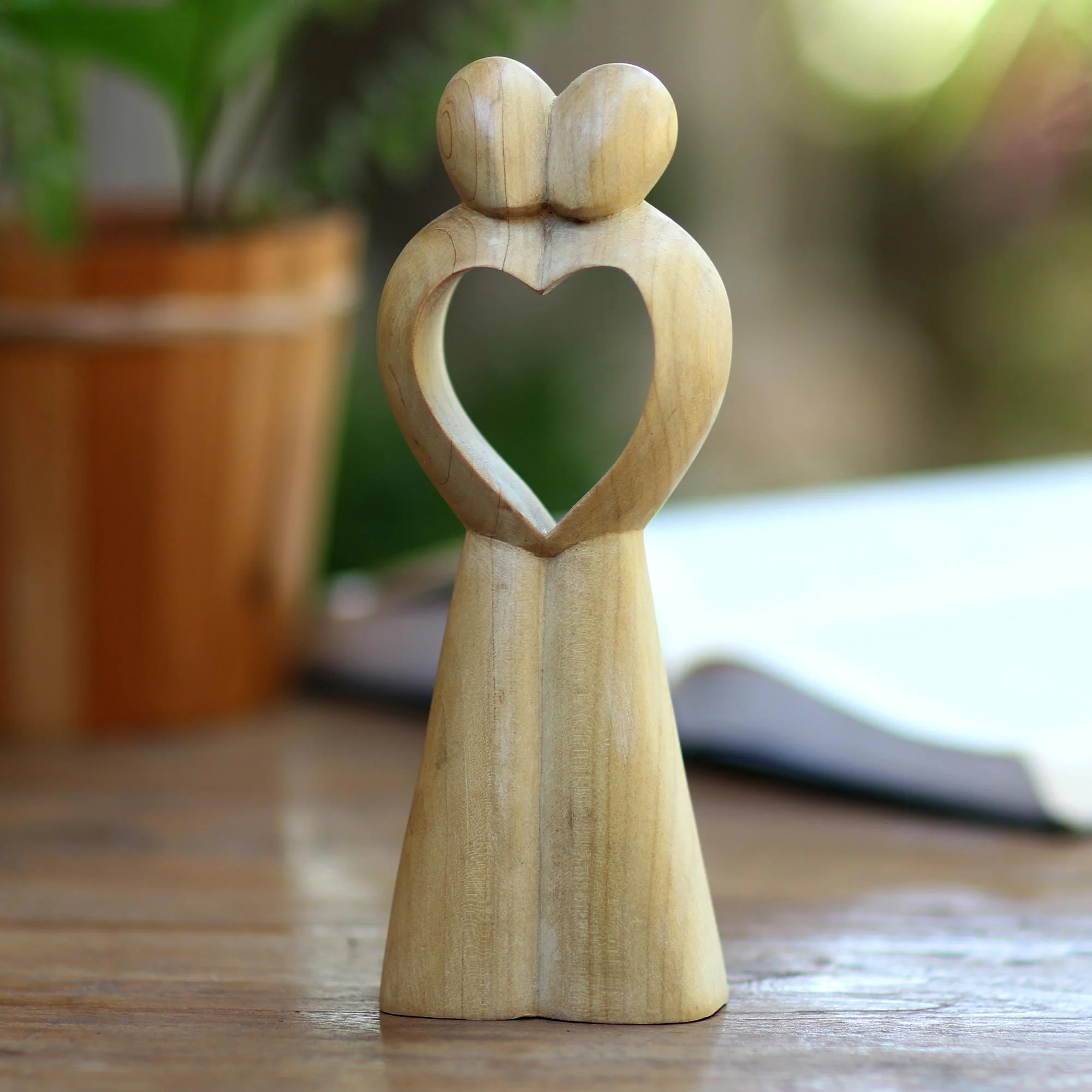 United Heart Abstract Crocodile Wood Statuette of Couple from Bali - Image 3