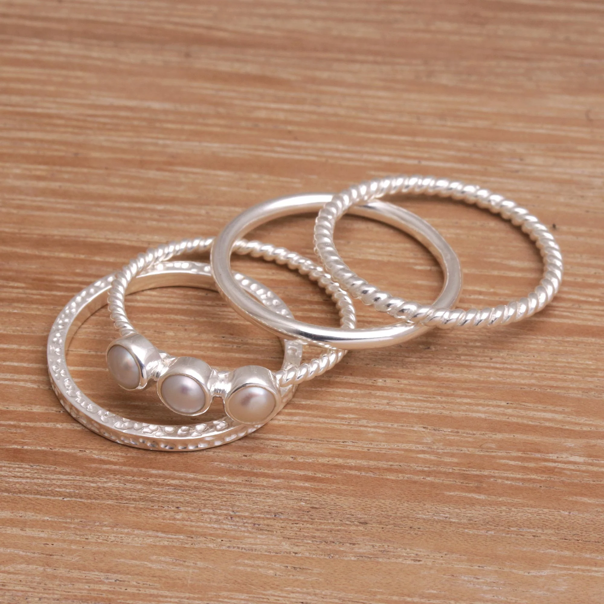 United Moons 925 Sterling Silver Cultured Pearl Stacking Rings (Set of 4) - Image 4
