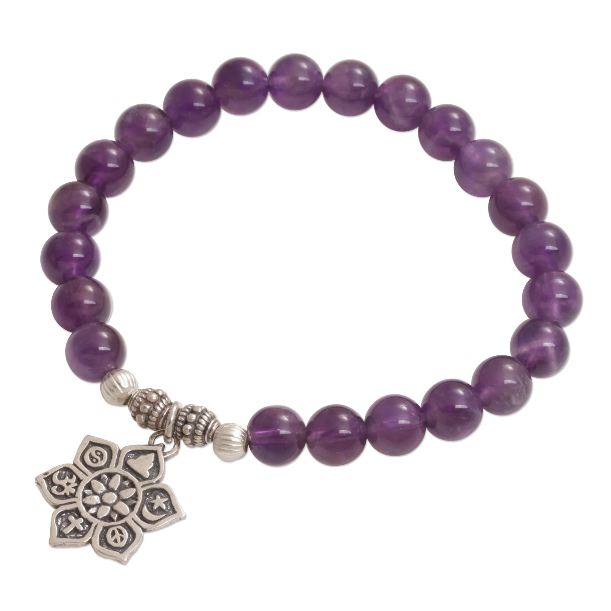 Unity Flower Amethyst Religious Beaded Stretch Bracelet from Bali - Image 2